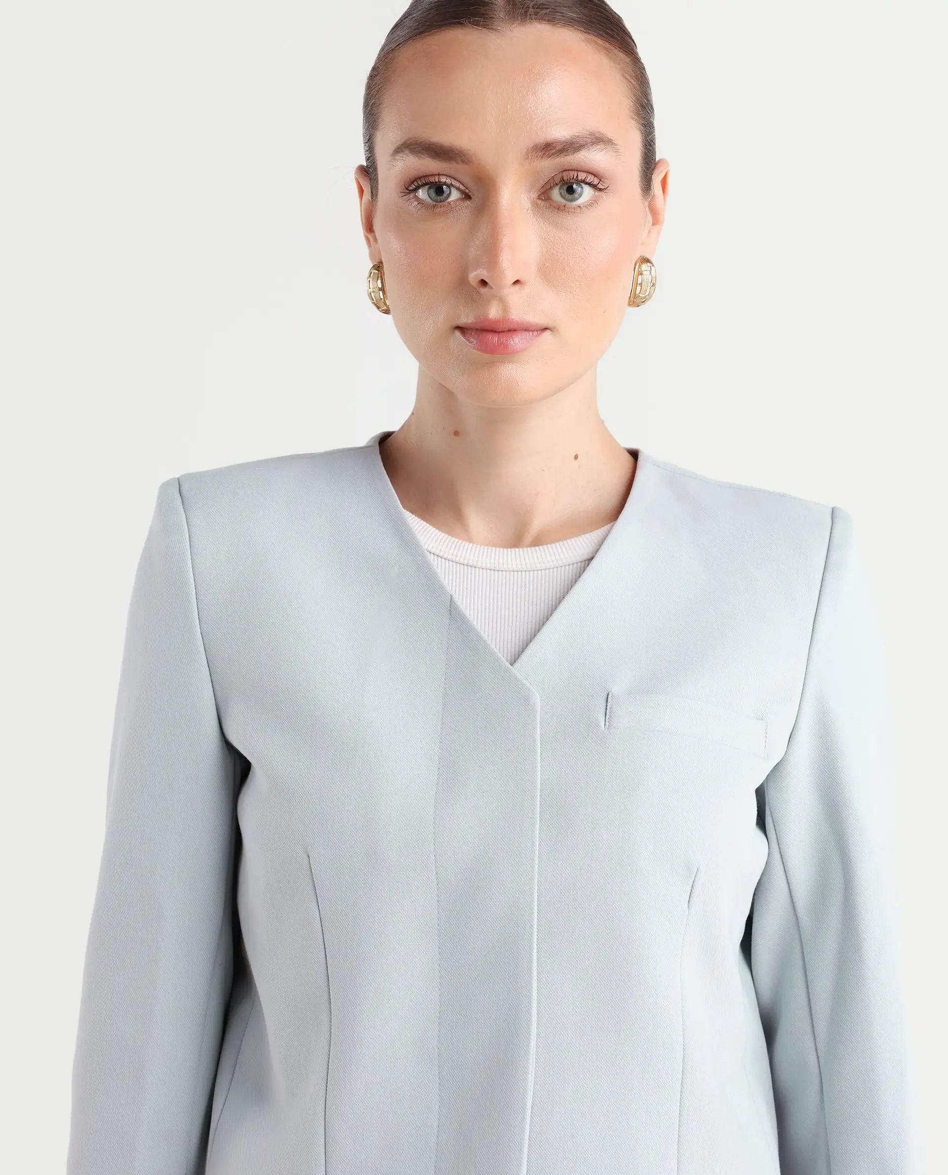 Rareism Women's Castlei Light Grey V - Neck Plain Regular Fit Jacket