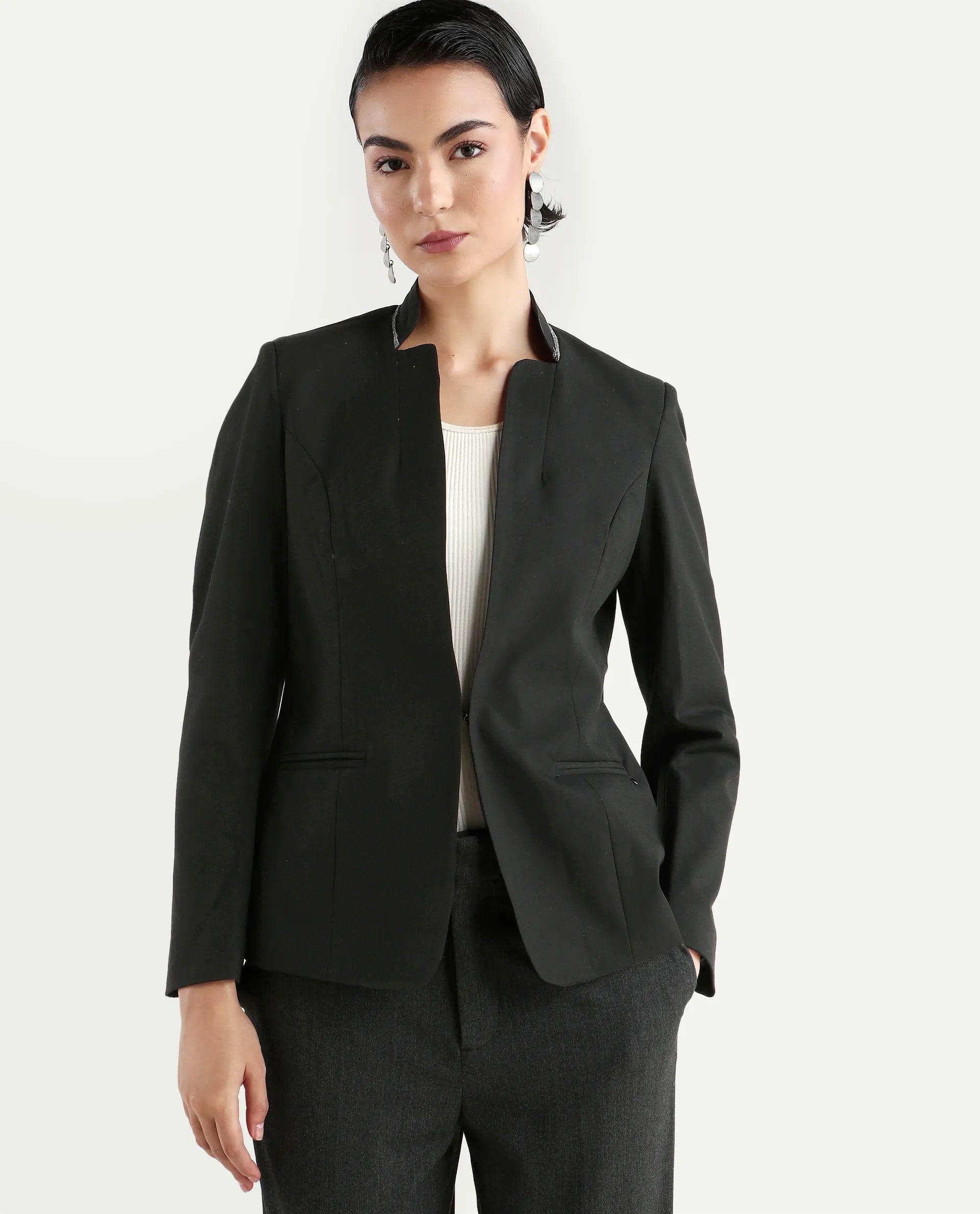 Rareism Women's Tasmania Black Polyester Blend Mandarin Collar Plain Regular Fit Jacket
