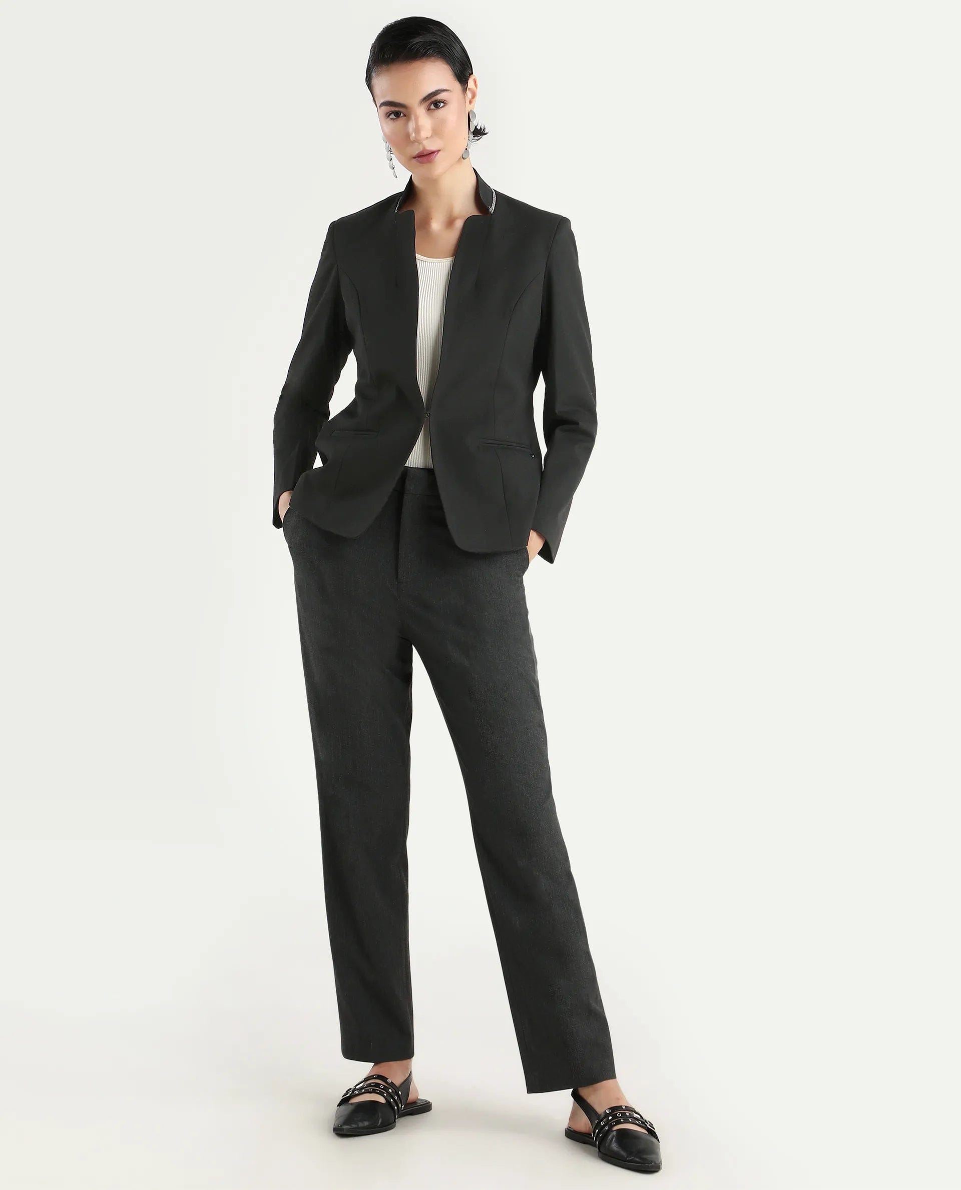 Rareism Women's Tasmania Black Polyester Blend Mandarin Collar Plain Regular Fit Jacket