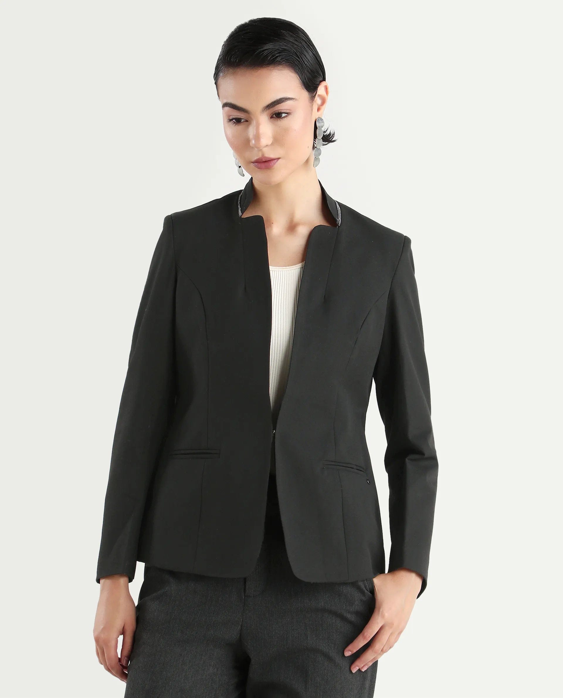Rareism Women's Tasmania Black Polyester Blend Mandarin Collar Plain Regular Fit Jacket