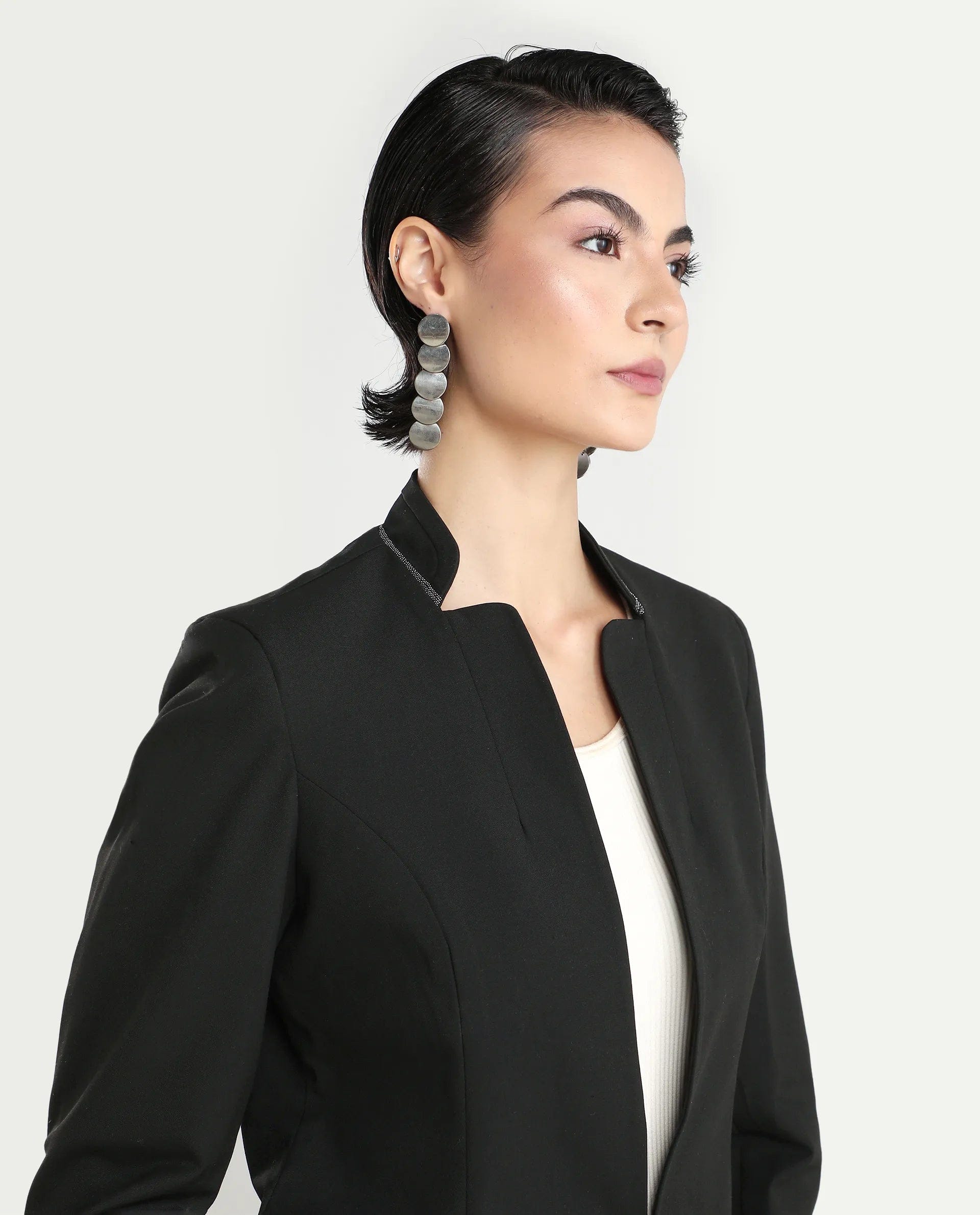 Rareism Women's Tasmania Black Polyester Blend Mandarin Collar Plain Regular Fit Jacket