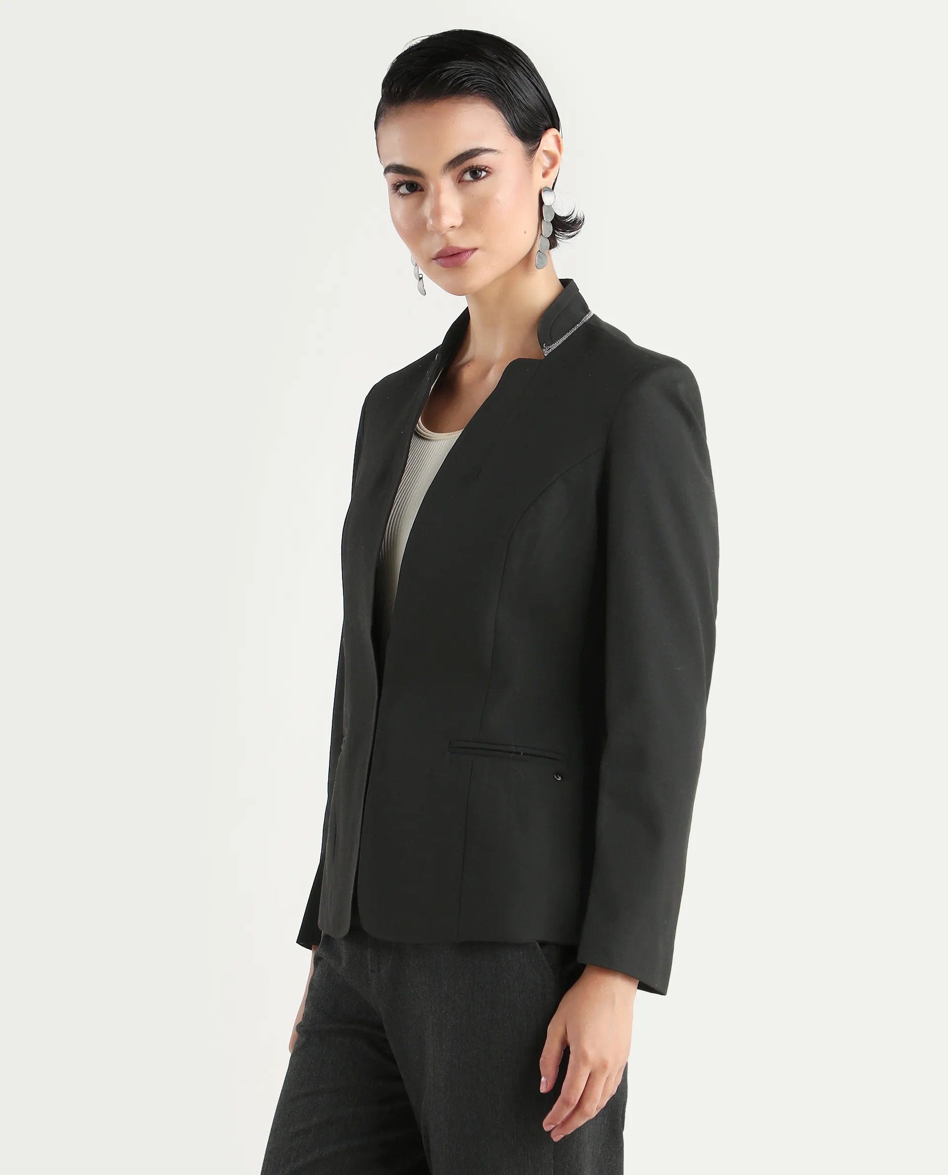 Rareism Women's Tasmania Black Polyester Blend Mandarin Collar Plain Regular Fit Jacket