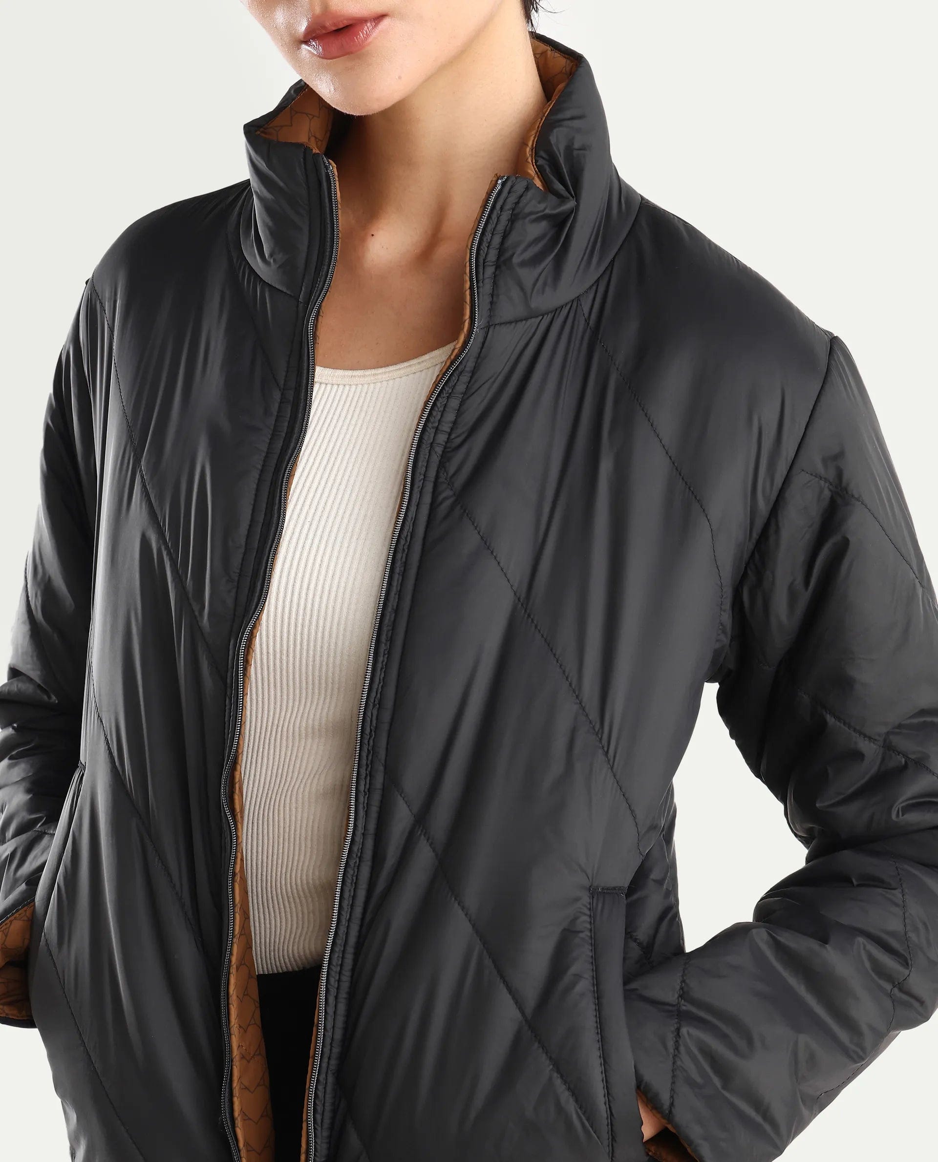 Rareism Women's Sapell Black Stand Collar Monogram Print Boxy Fit Jacket