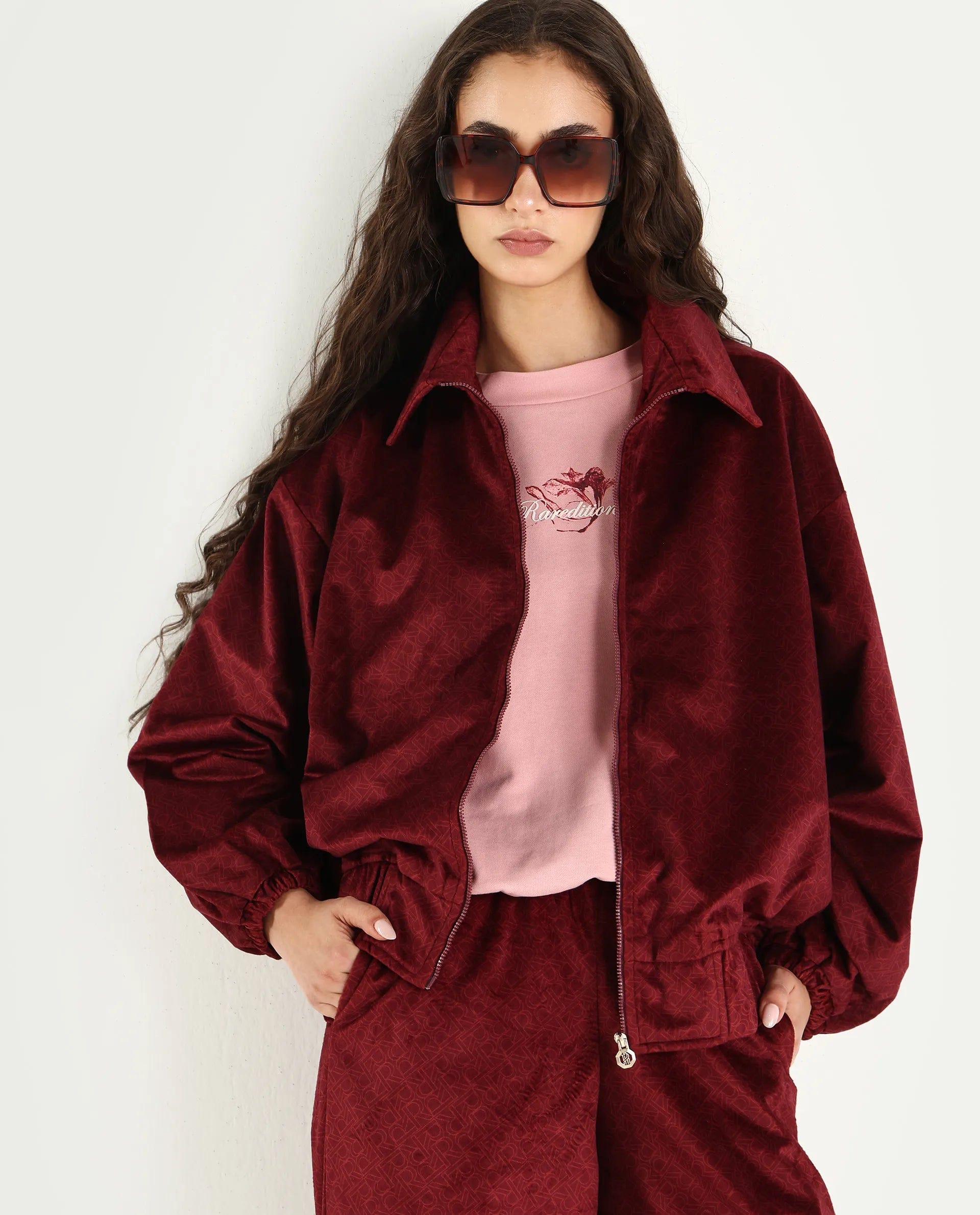 Rareism Women's Jacamo - T Maroon Polyester Spread Collar Relaxed Monogram Print Jacket