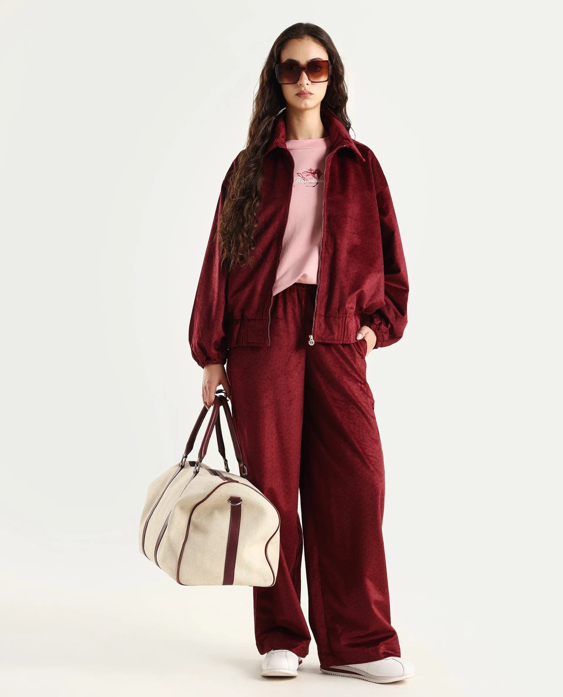 Rareism Women's Jacamo - T Maroon Polyester Spread Collar Relaxed Monogram Print Jacket