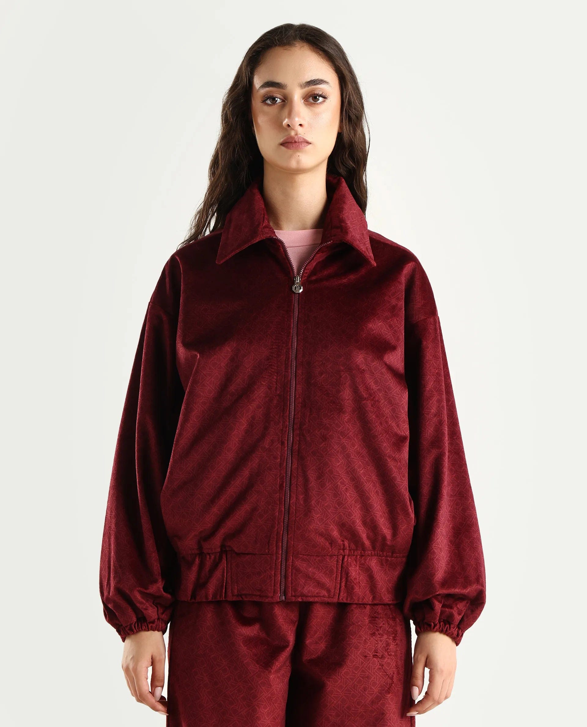 Rareism Women's Jacamo - T Maroon Polyester Spread Collar Relaxed Monogram Print Jacket