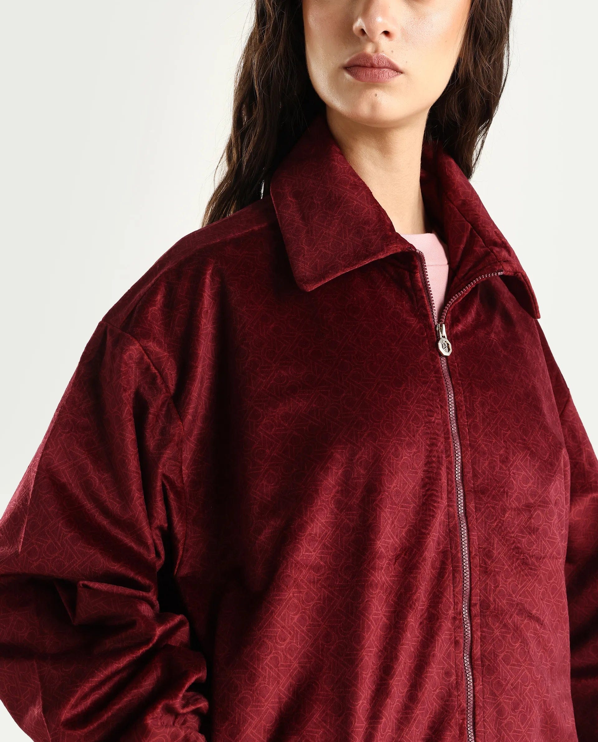 Rareism Women's Jacamo - T Maroon Polyester Spread Collar Relaxed Monogram Print Jacket