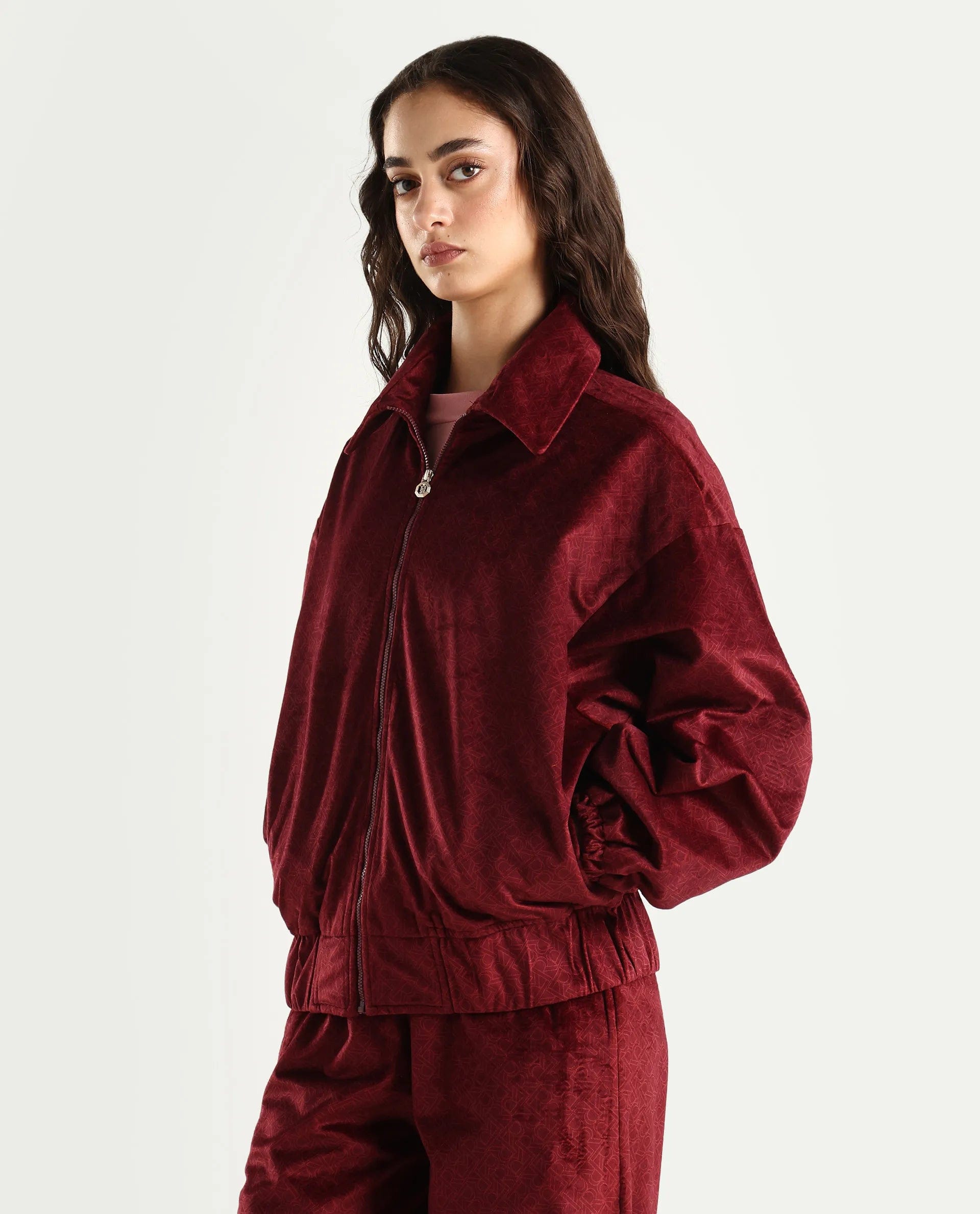 Rareism Women's Jacamo - T Maroon Polyester Spread Collar Relaxed Monogram Print Jacket
