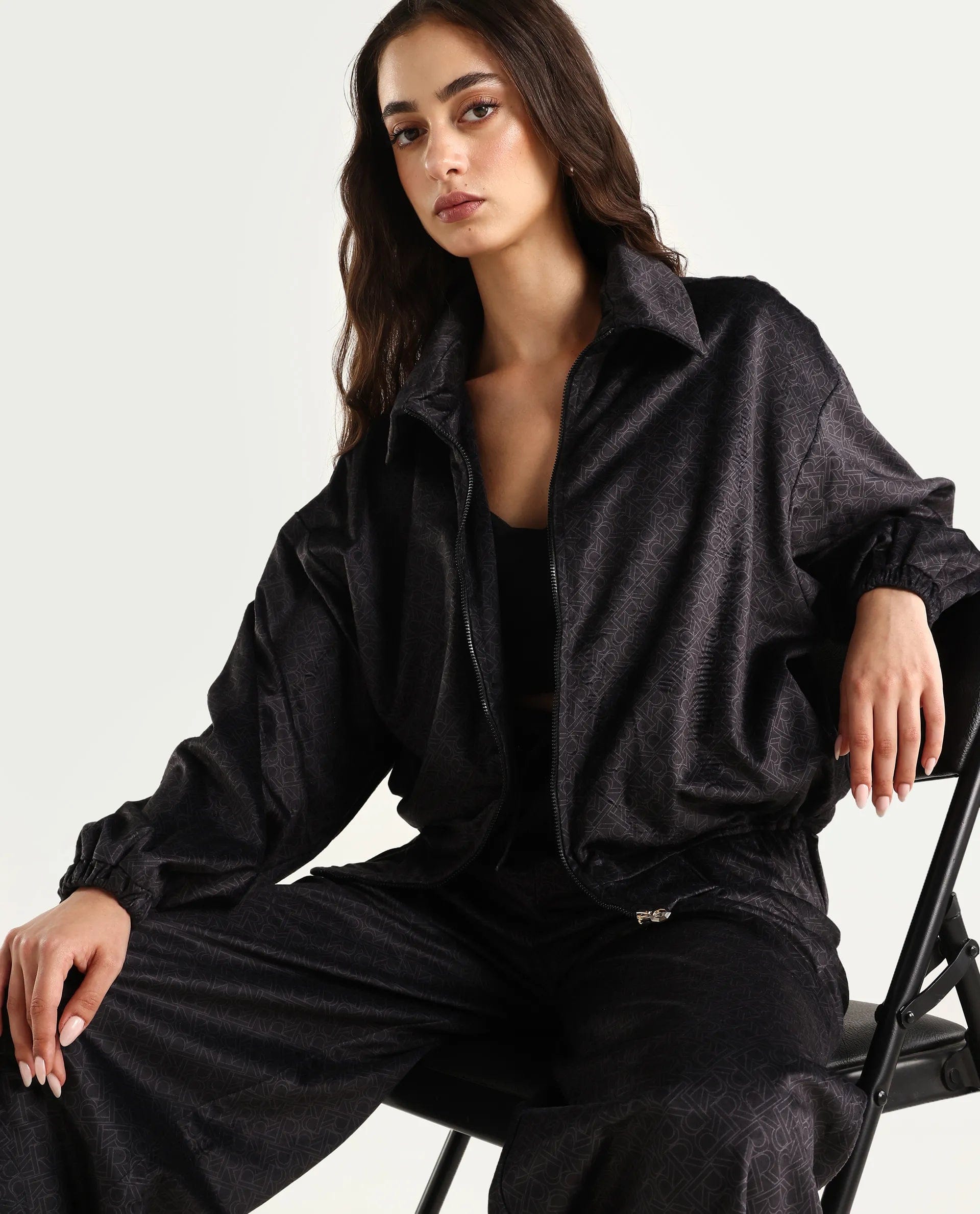 Rareism Women's Jacamo - T Black Polyester Spread Collar Relaxed Monogram Print Jacket