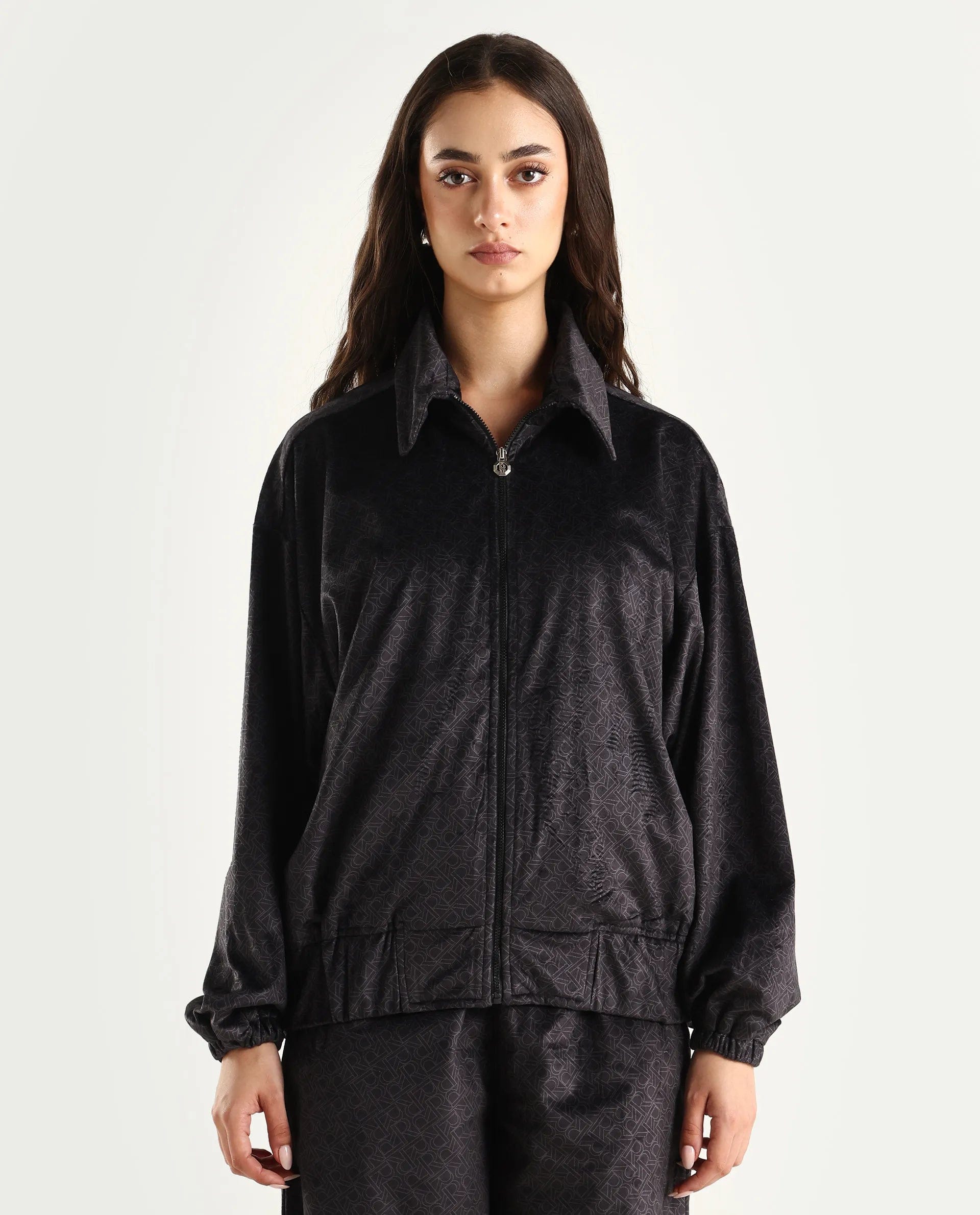 Rareism Women's Jacamo - T Black Polyester Spread Collar Relaxed Monogram Print Jacket