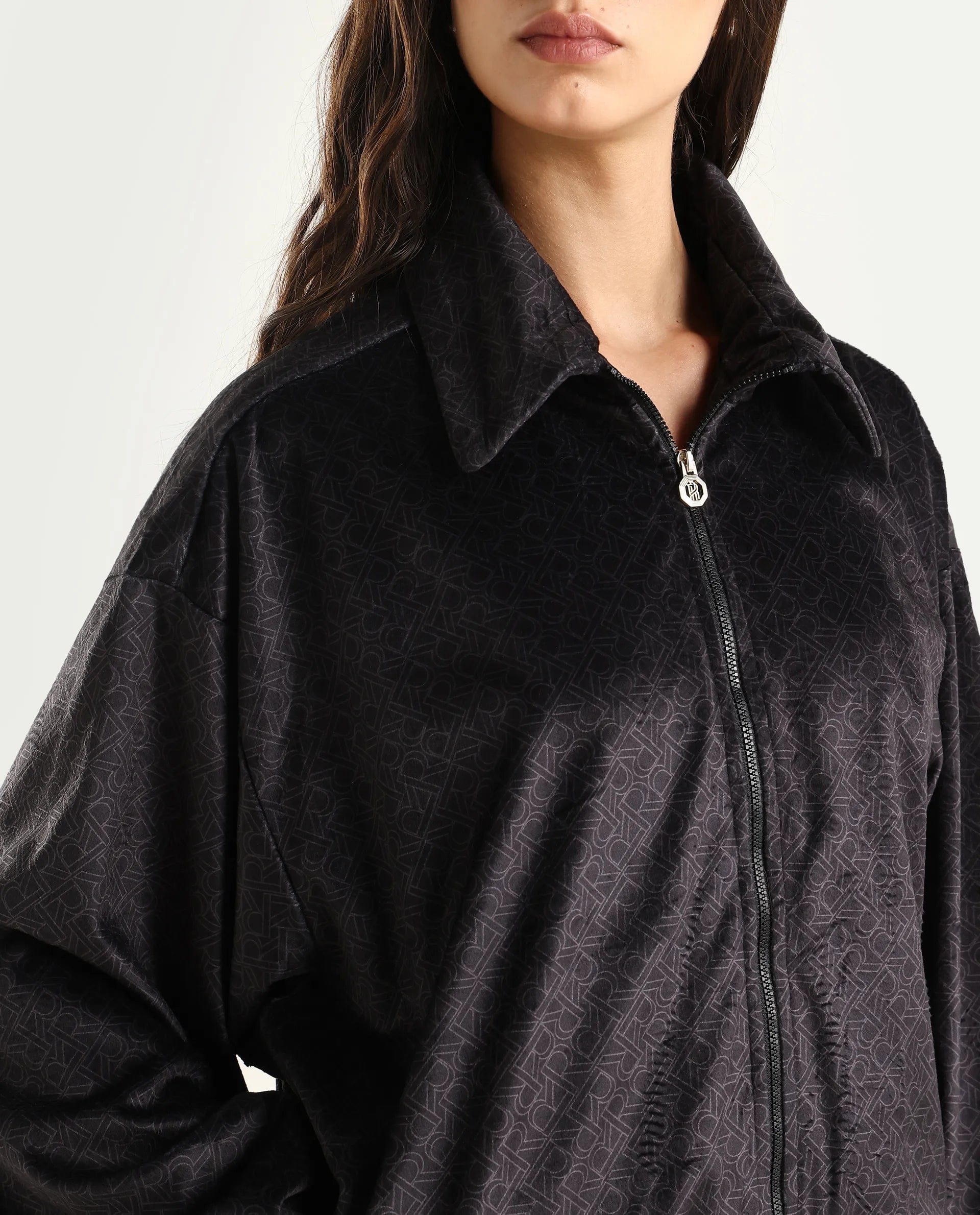 Rareism Women's Jacamo - T Black Polyester Spread Collar Relaxed Monogram Print Jacket
