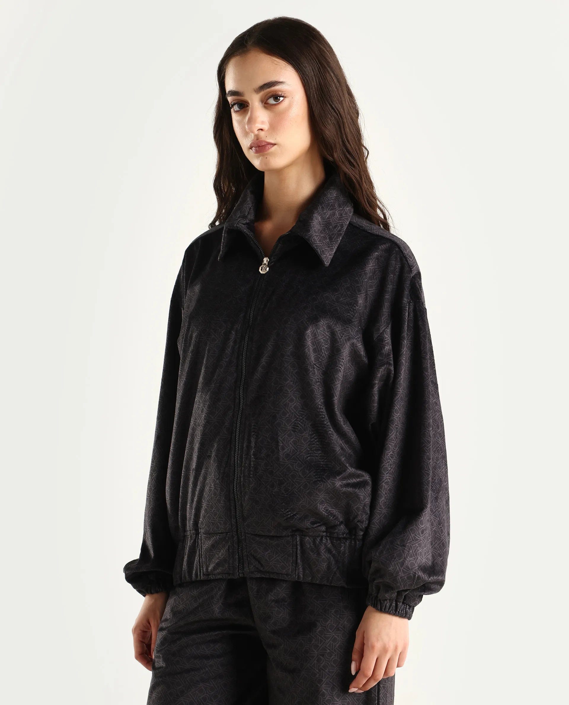 Rareism Women's Jacamo - T Black Polyester Spread Collar Relaxed Monogram Print Jacket