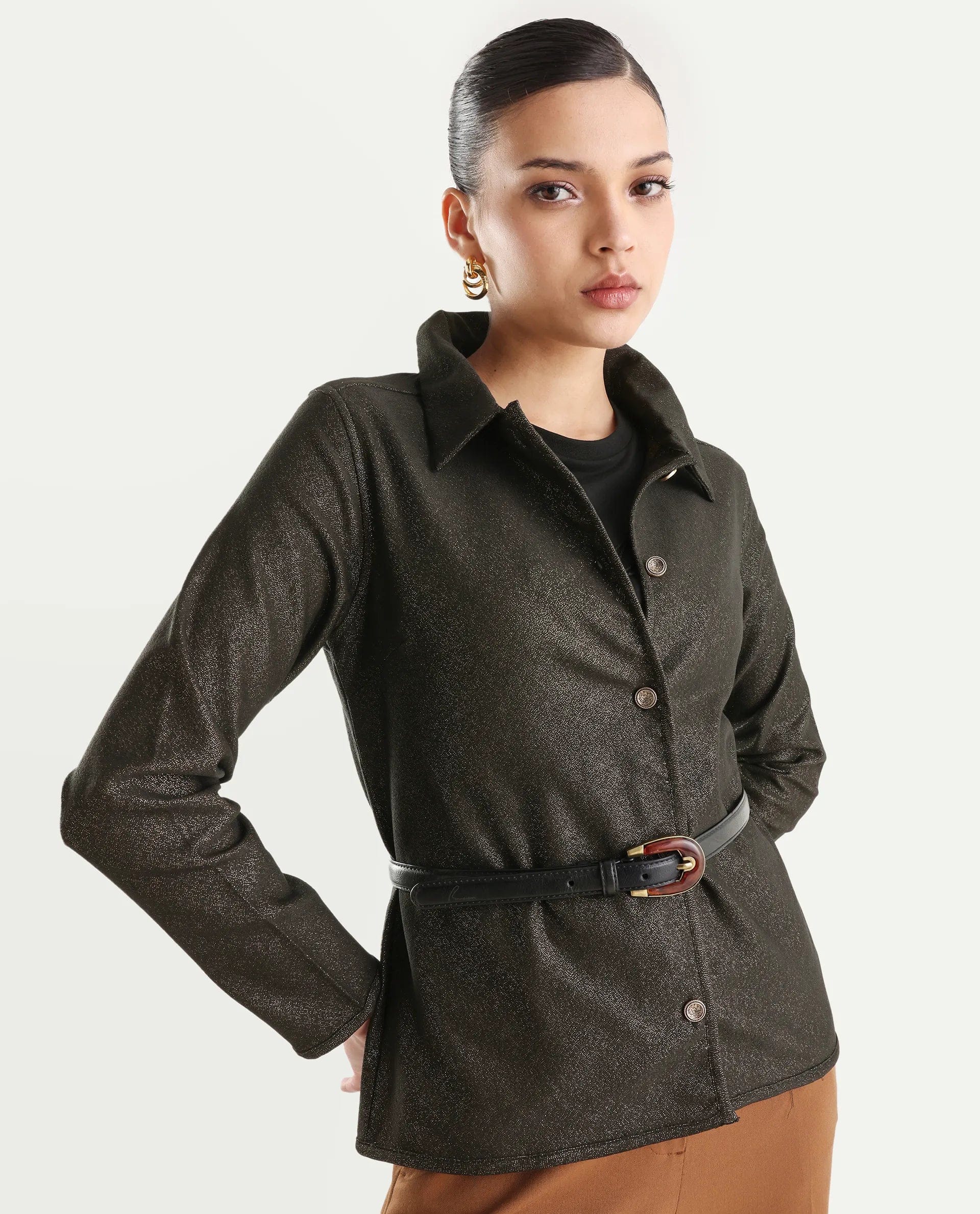 Rareism Women's Ribok Black Polyester Drop Collar Jacquard Regular Fit Jacket