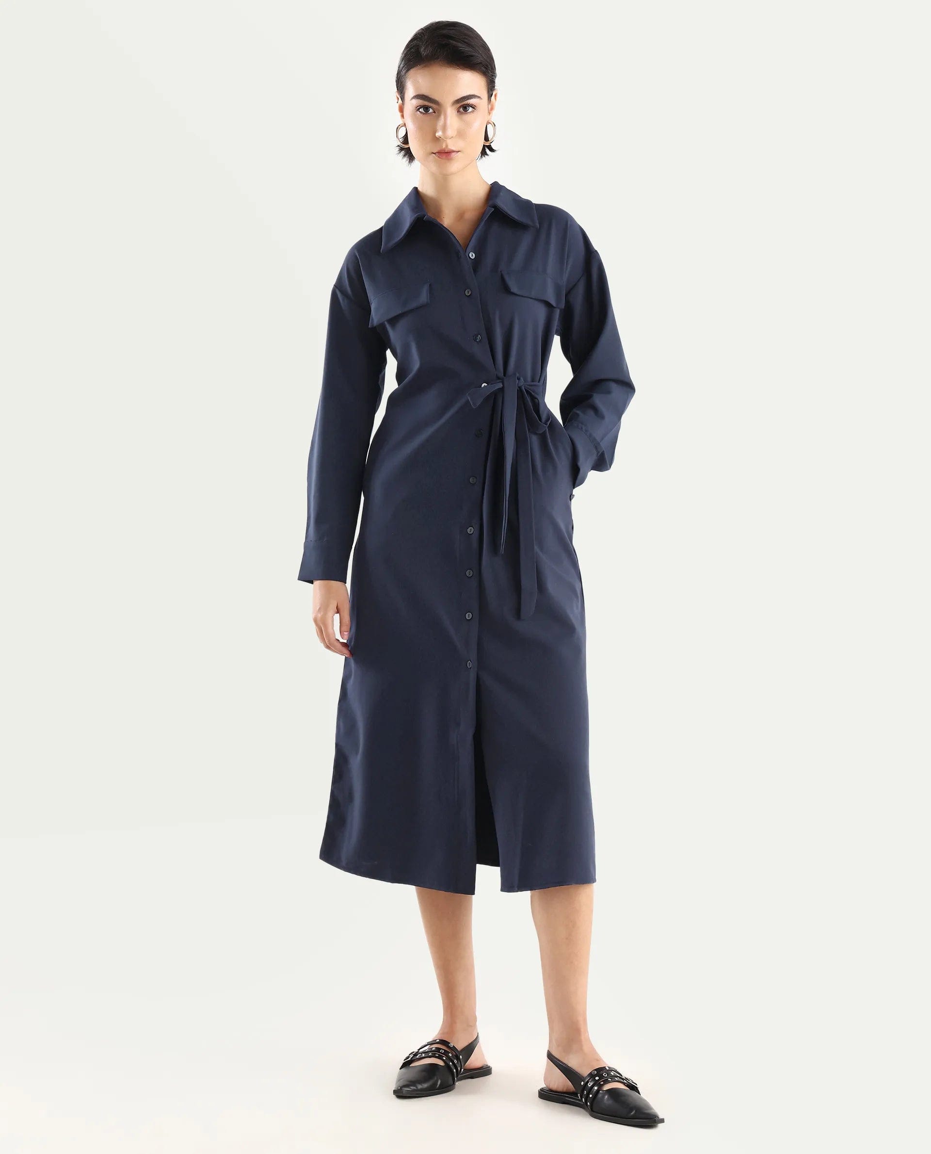 Rareism Women's Towoo Navy Drop Collar Plain Cuffed Sleeve Maxi Regular Fit Jacket