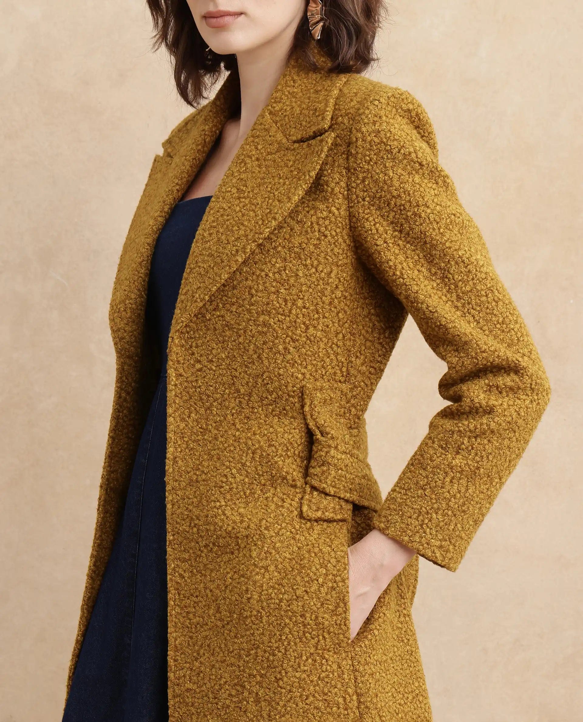 Rareism Women's Gisbor Yellow Polyester Blend Lapel Neck Plain Midi Regular Fit Jacket