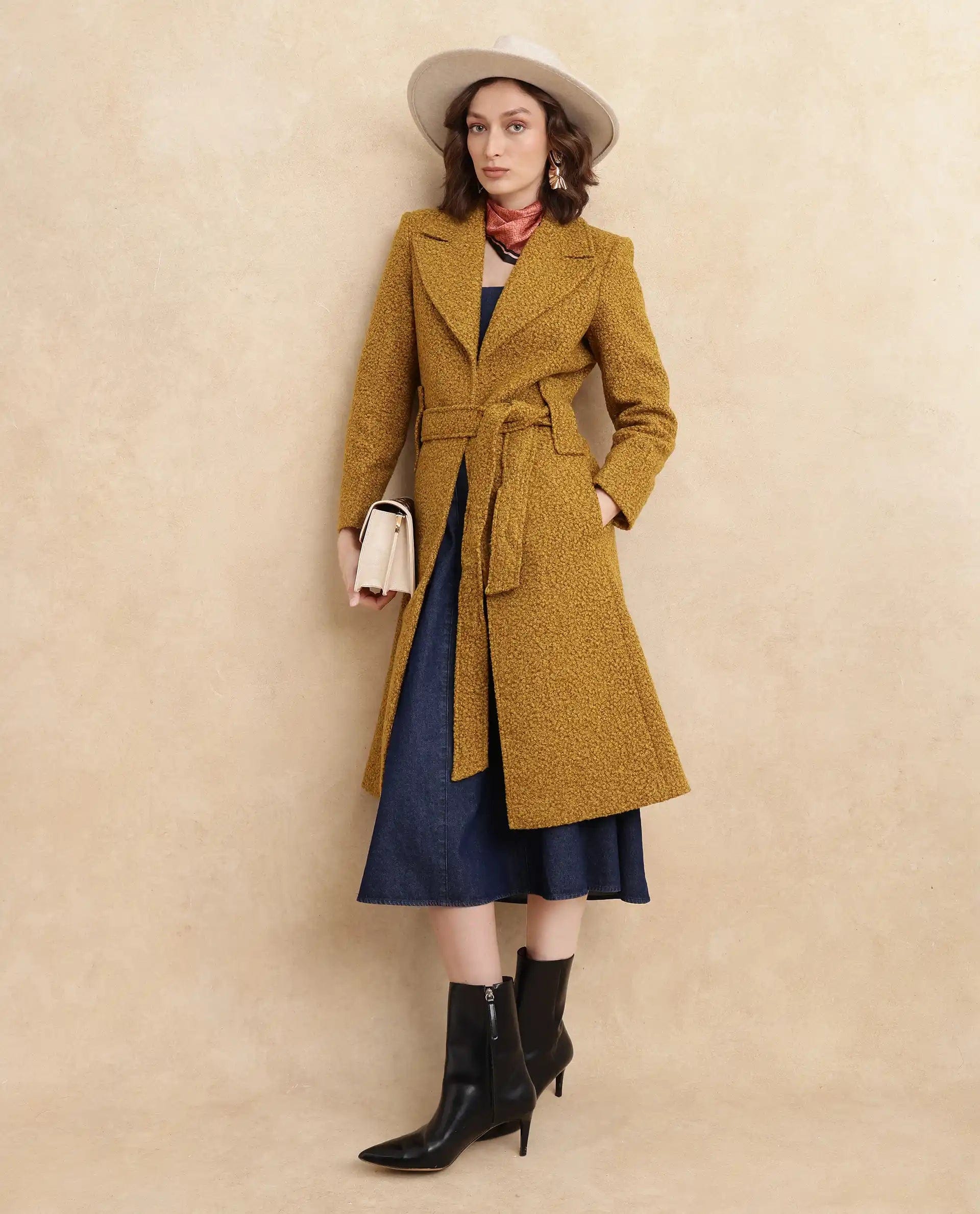 Rareism Women's Gisbor Yellow Polyester Blend Lapel Neck Plain Midi Regular Fit Jacket