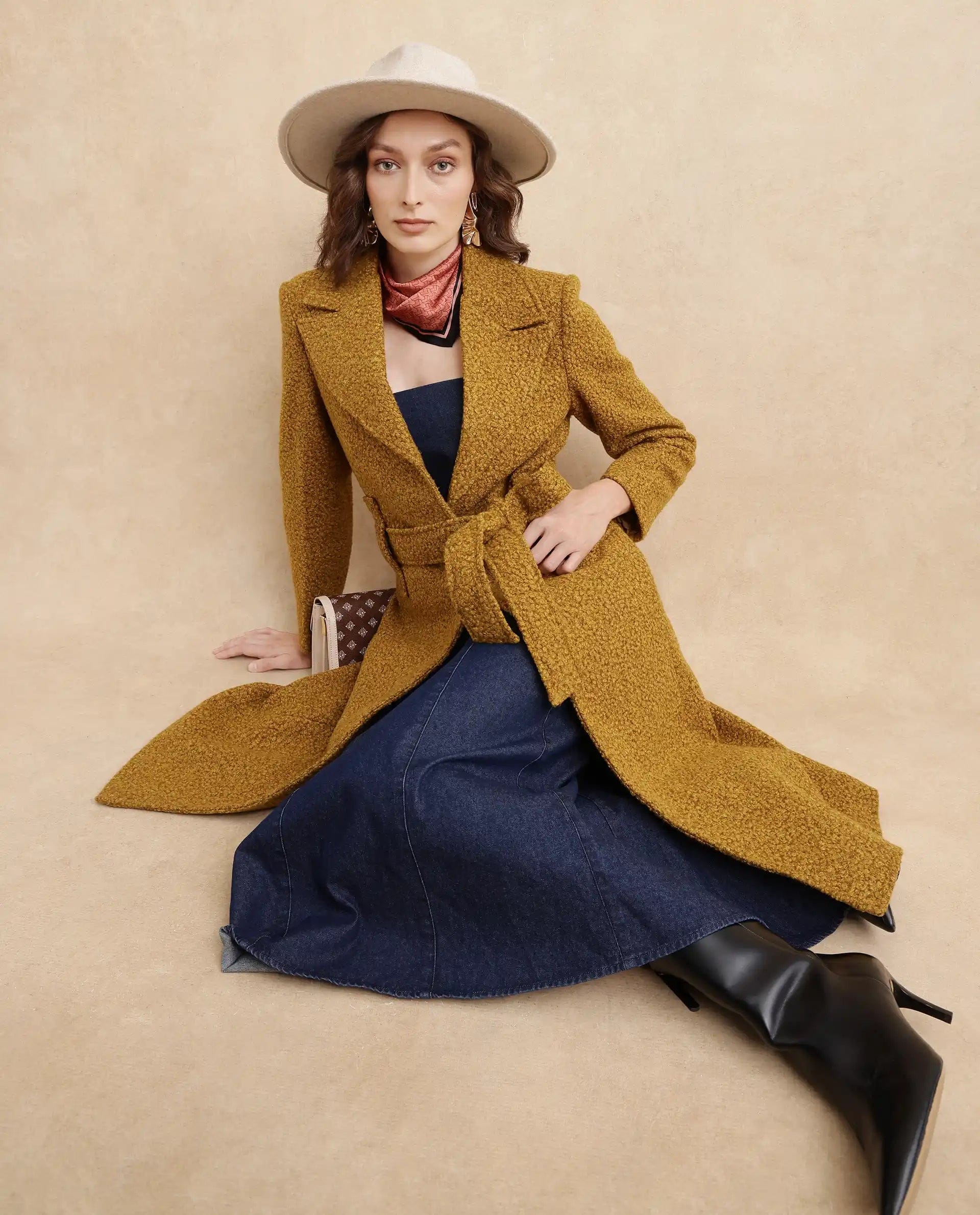 Rareism Women's Gisbor Yellow Polyester Blend Lapel Neck Plain Midi Regular Fit Jacket