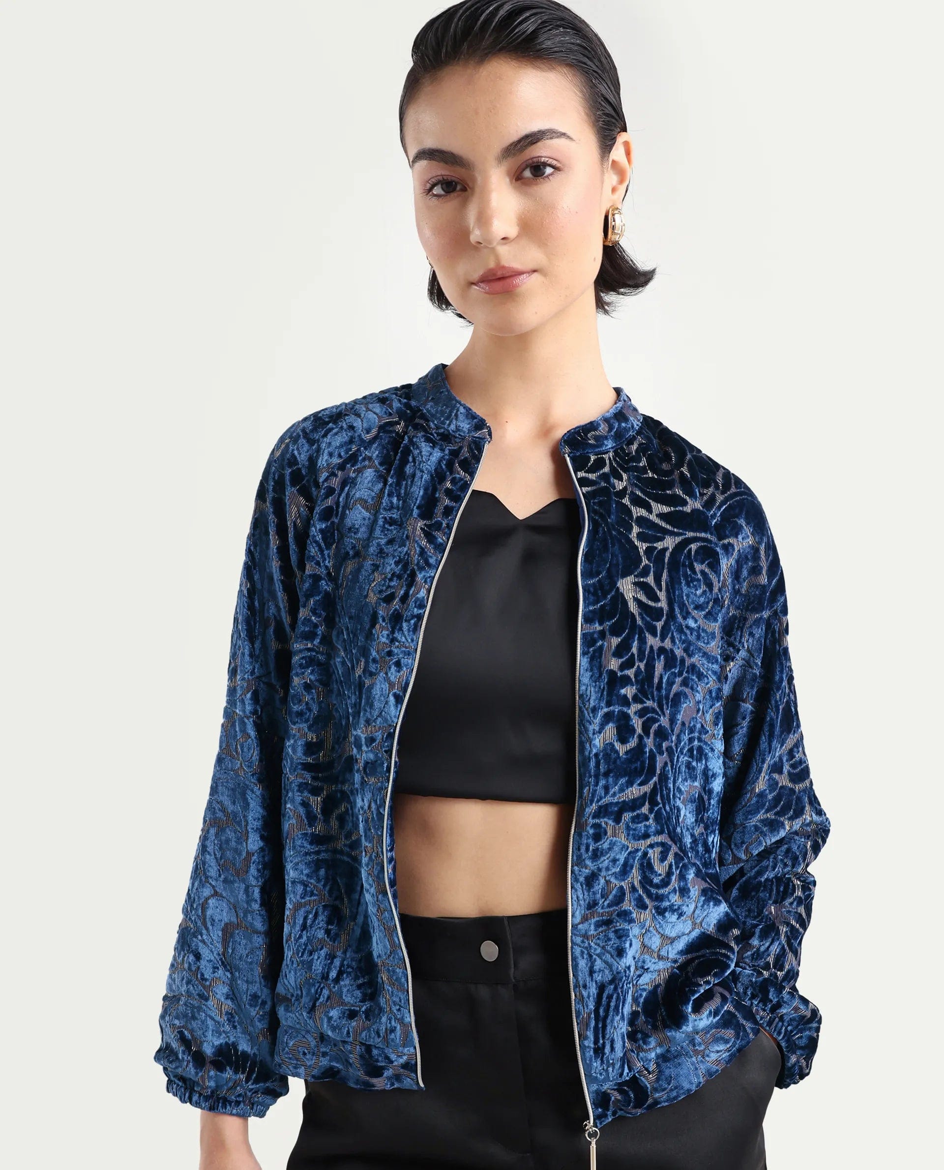 Rareism Women's Lopper Purple Polyester Blend Mandarin Collar Abstract Print Raglan Sleeve Regular Fit Jacket