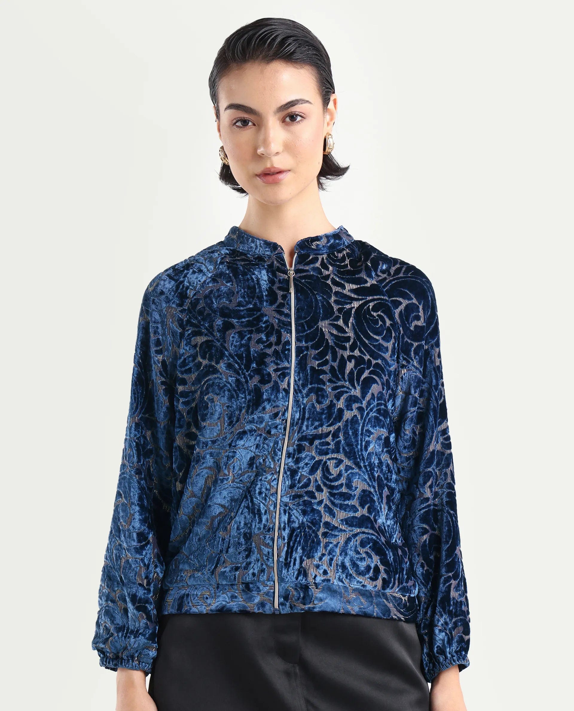 Rareism Women's Lopper Purple Polyester Blend Mandarin Collar Abstract Print Raglan Sleeve Regular Fit Jacket