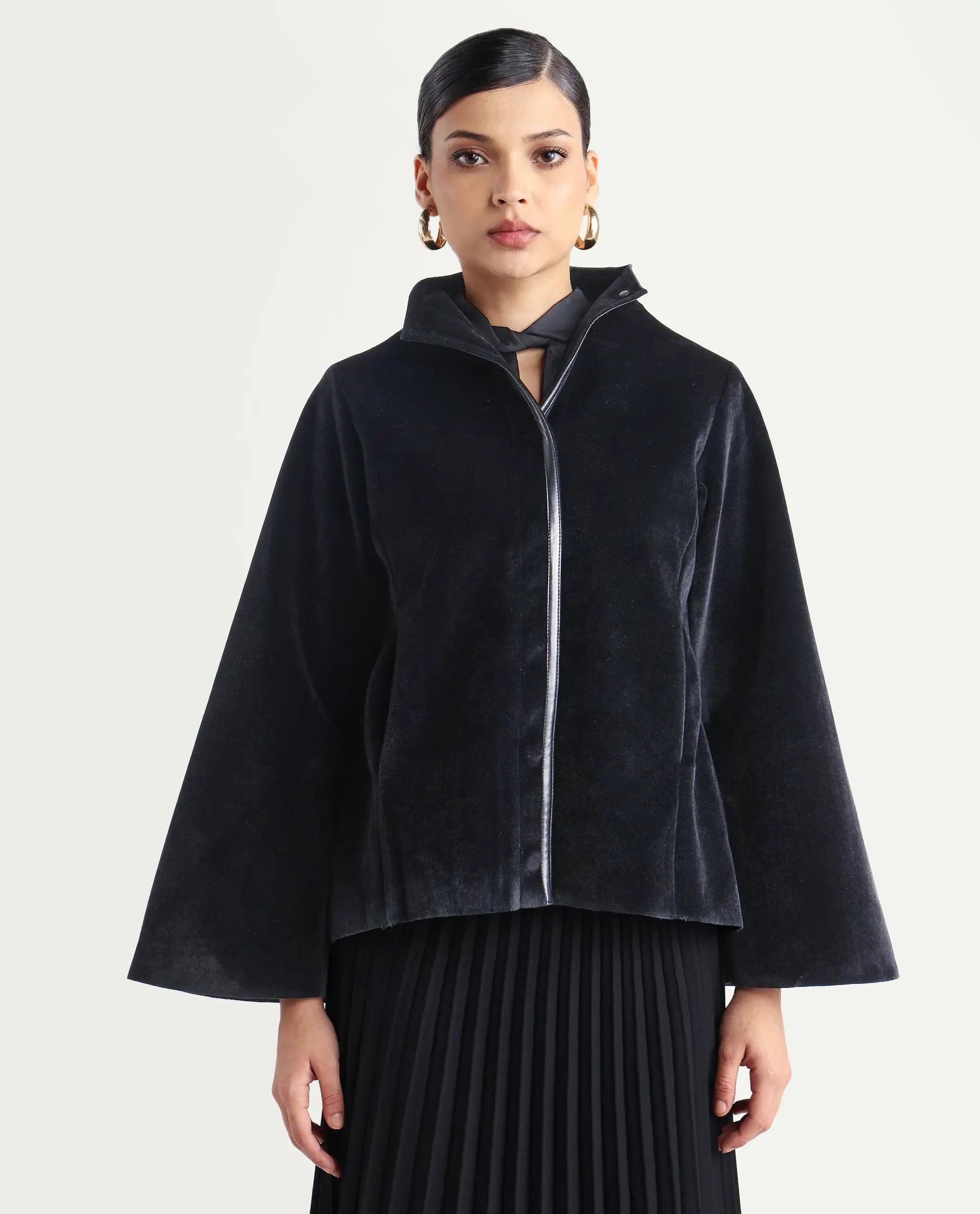 Rareism Women's Kraus Black Polyester High Neck Plain Bell Sleeve Regular Fit Jacket