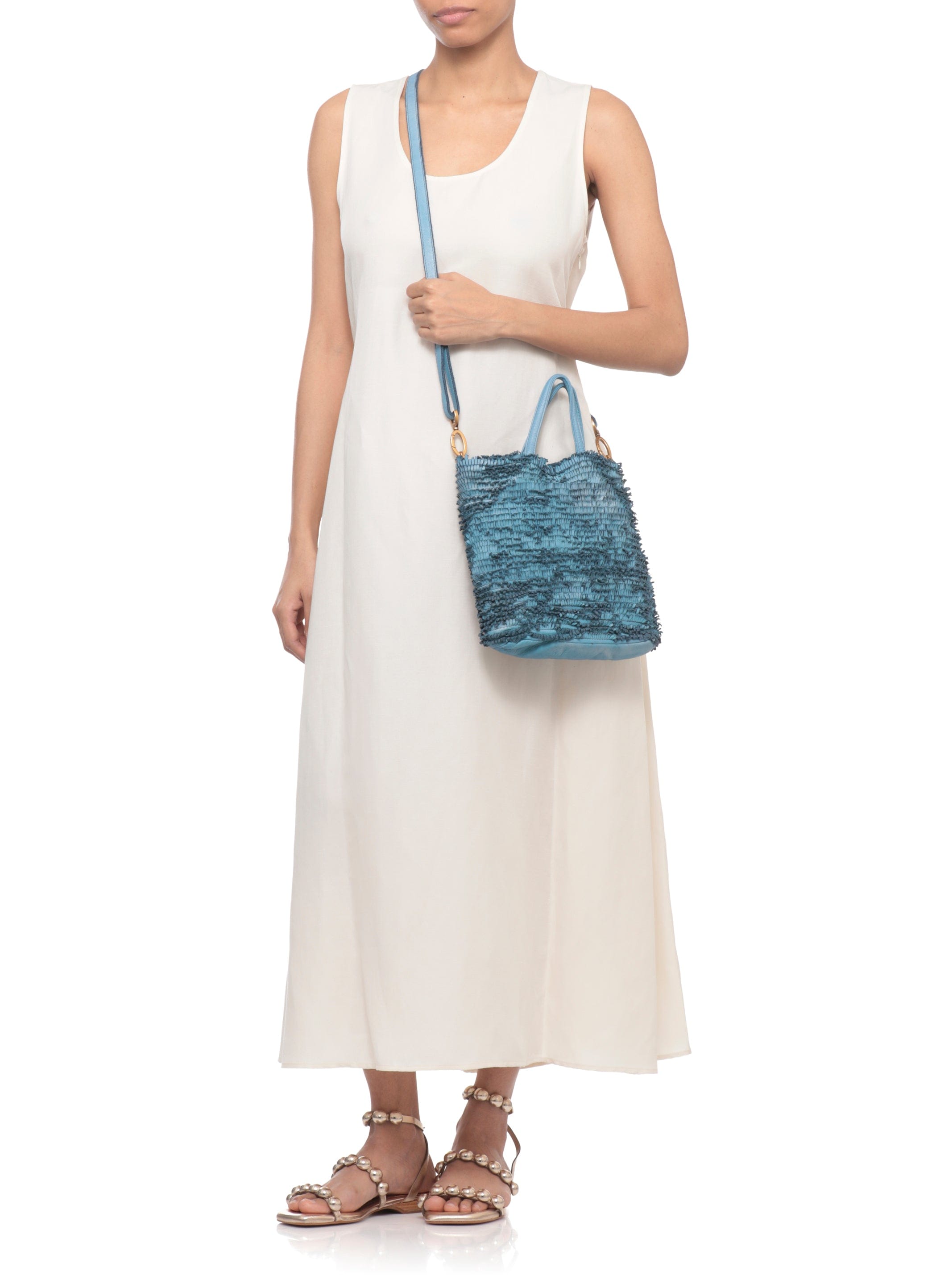 Blue Textured Micro - Fringe Shoulder Bag