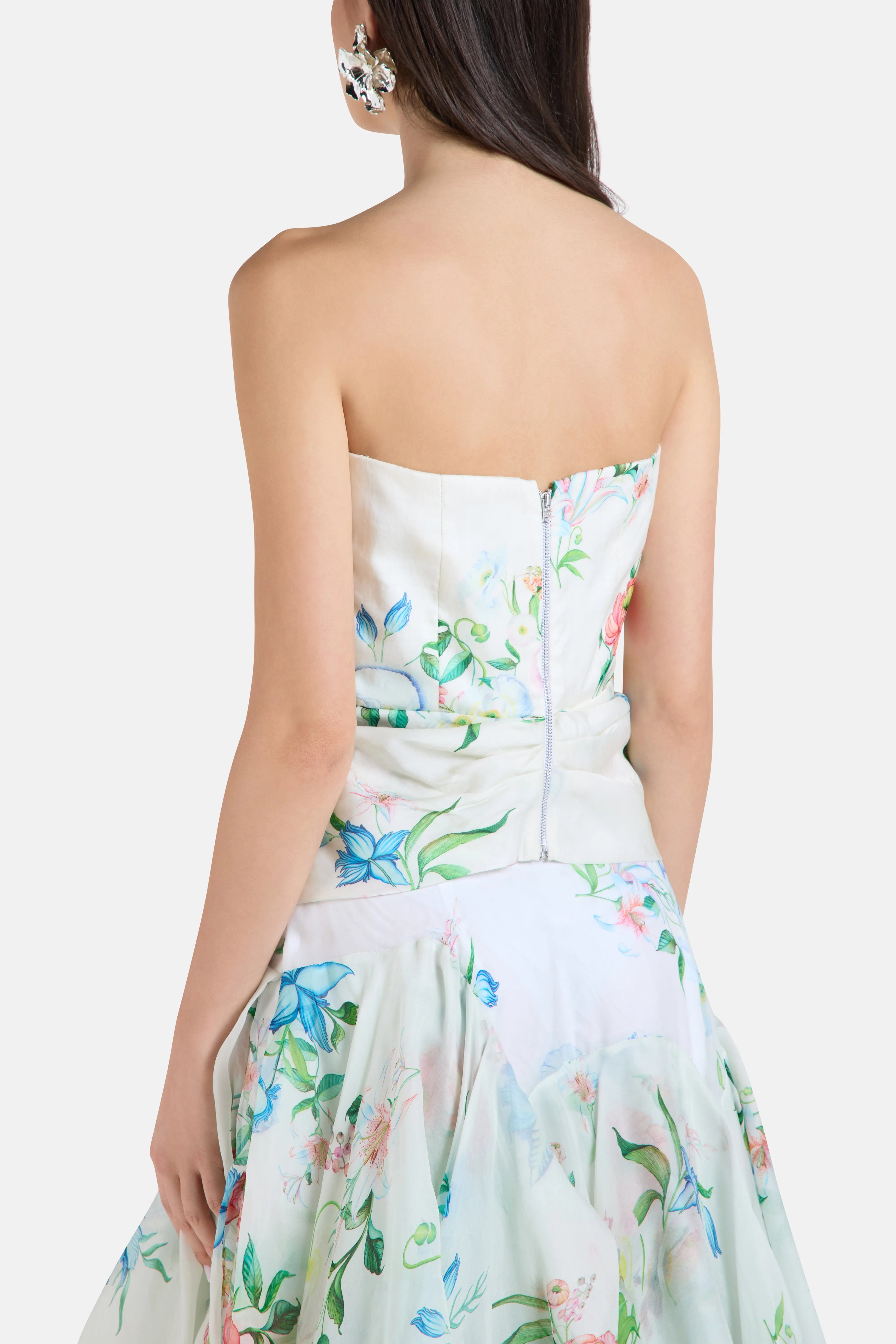 LA FUORI Corset Strapless Floral Top in White