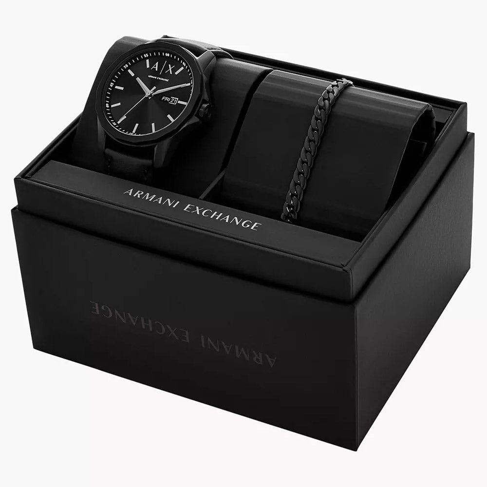Armani Exchange Men's Three - Hand Day - Date Black Leather Watch And Black Stainless Steel Bracelet Set