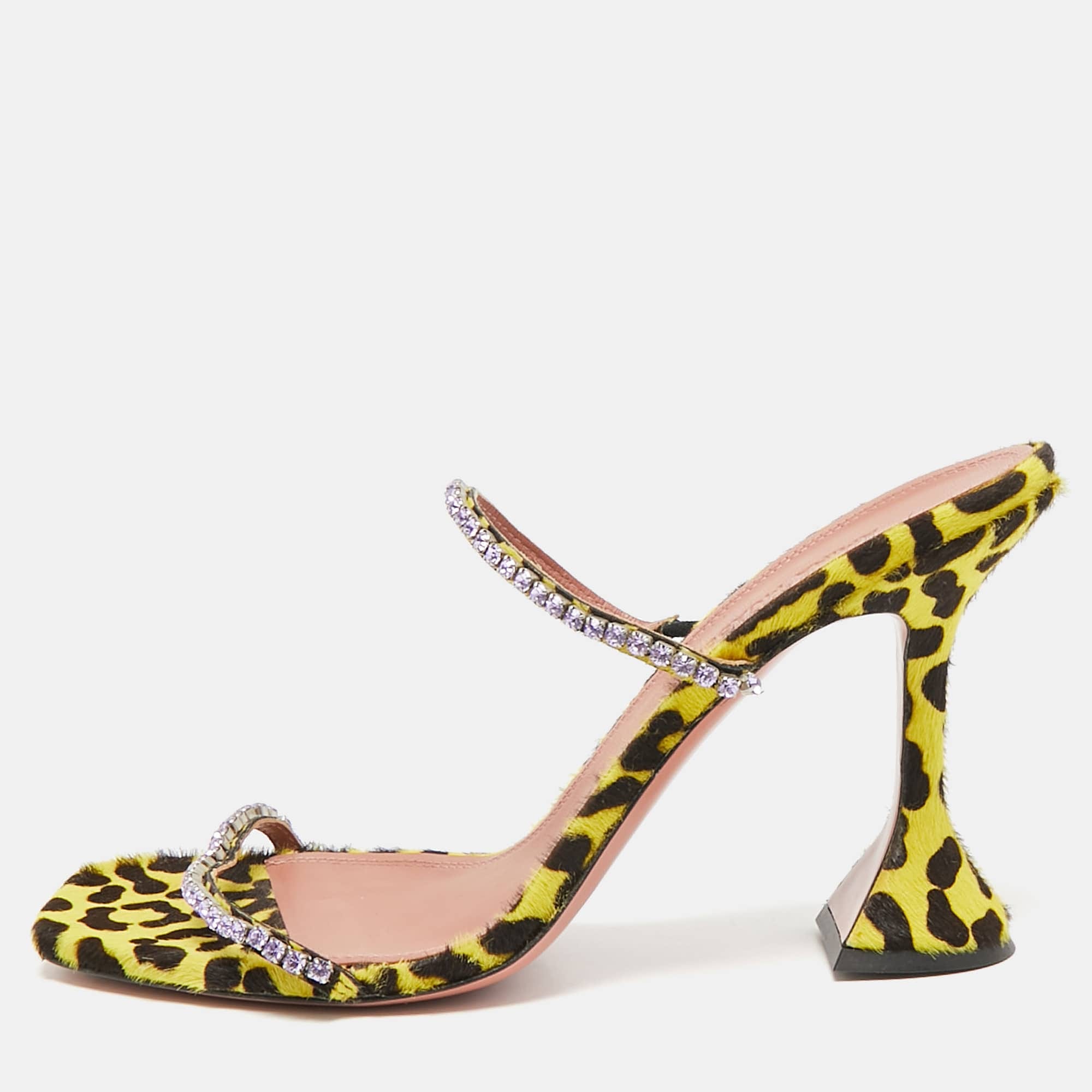 Amina Muaddi Yellow/black Calf Hair And Leather Gilda Slide Sandals