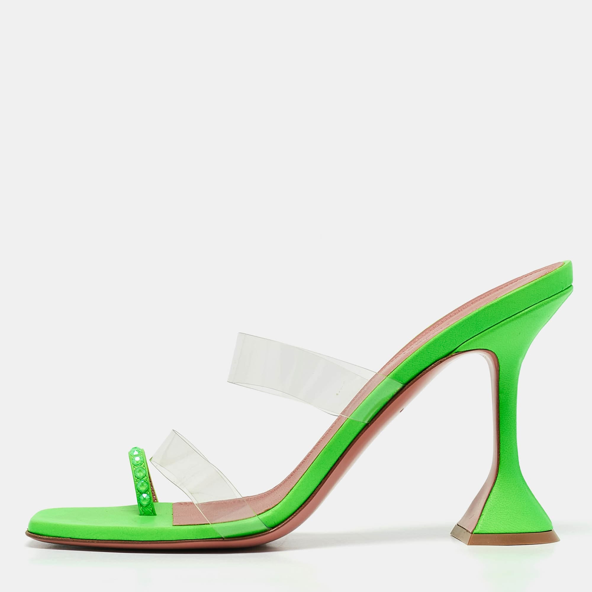 Amina Muaddi Green Leather And Pvc Lupita Slide Sandals