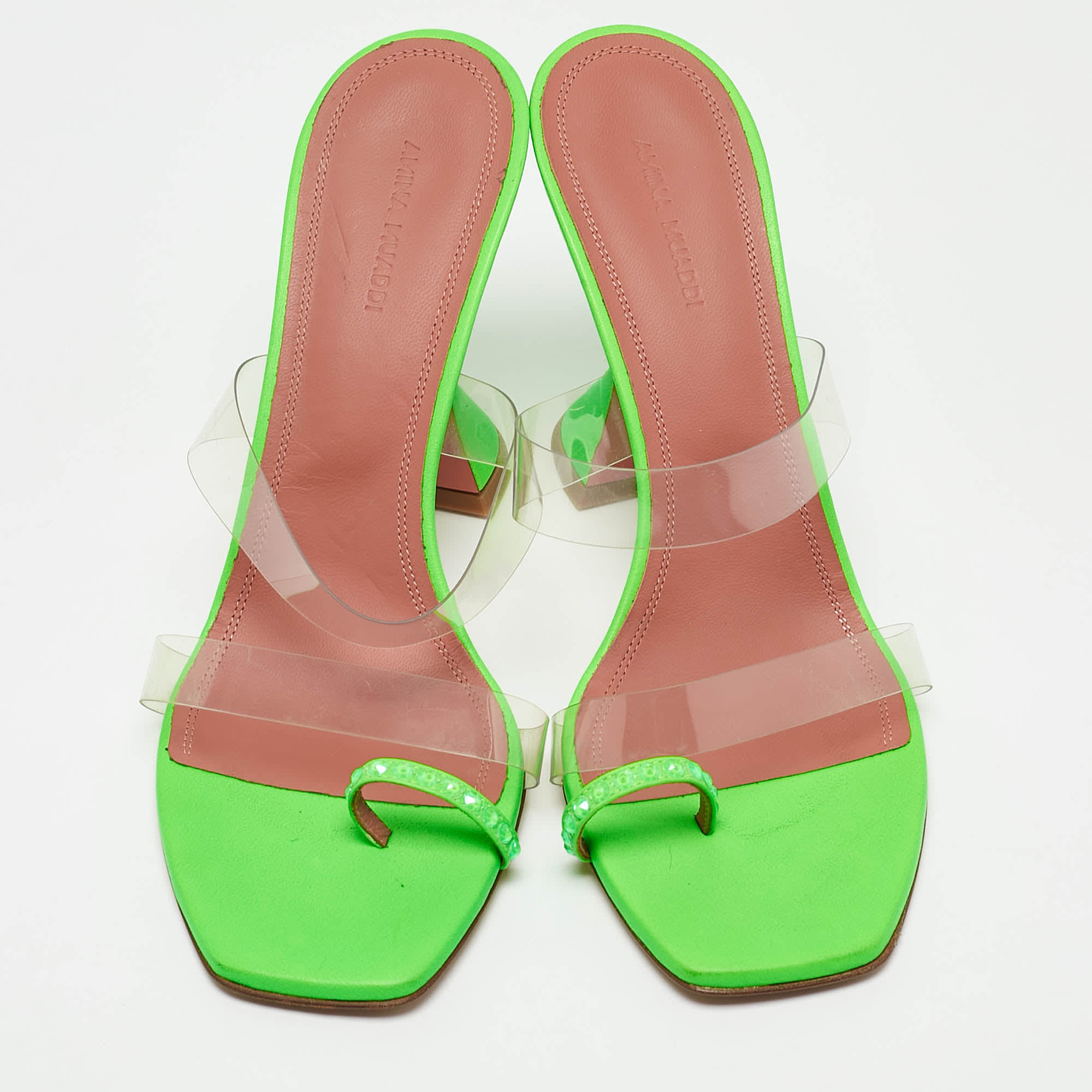 Amina Muaddi Green Leather And Pvc Lupita Slide Sandals
