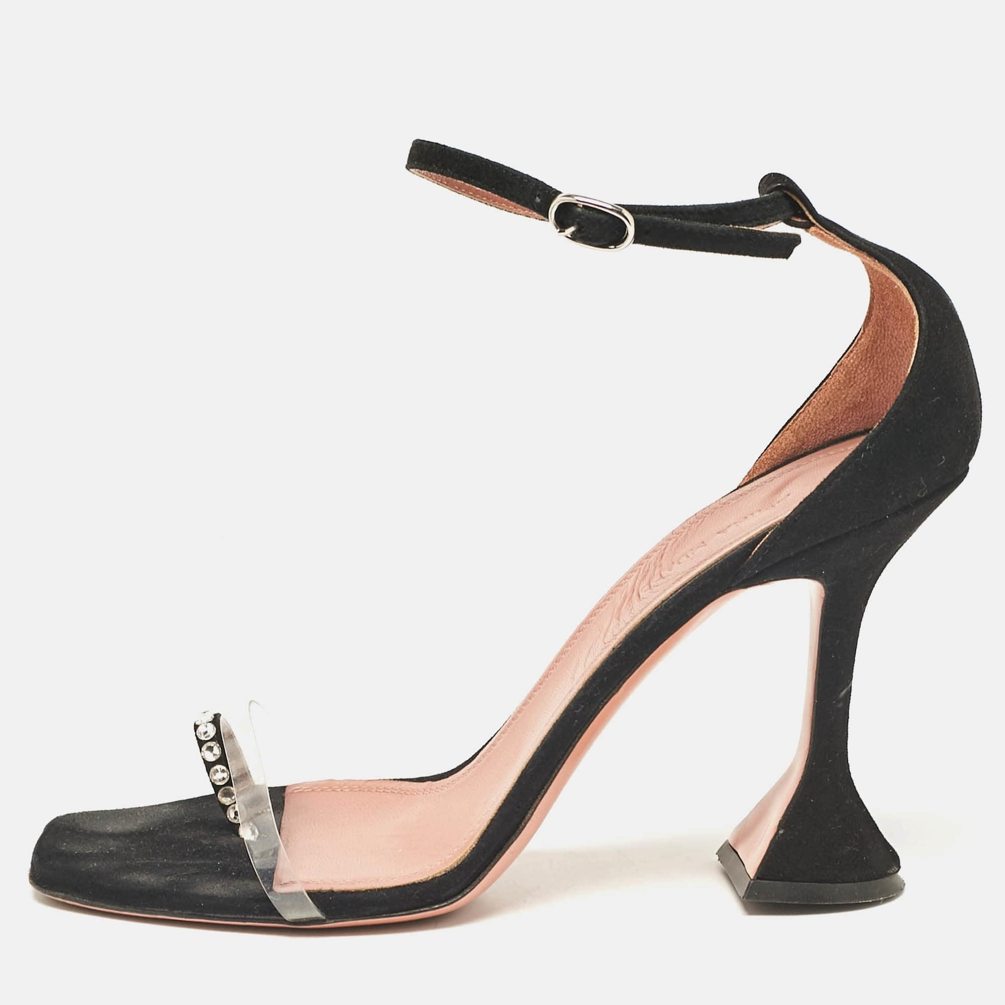 Amina Muaddi Black Suede And Pvc Vita Crystal Ankle Strap Sandals