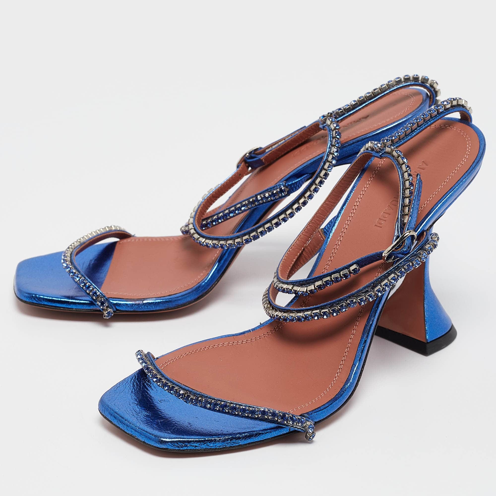 Amina Muaddi Blue Leather Gilda Ankle Strap Sandals