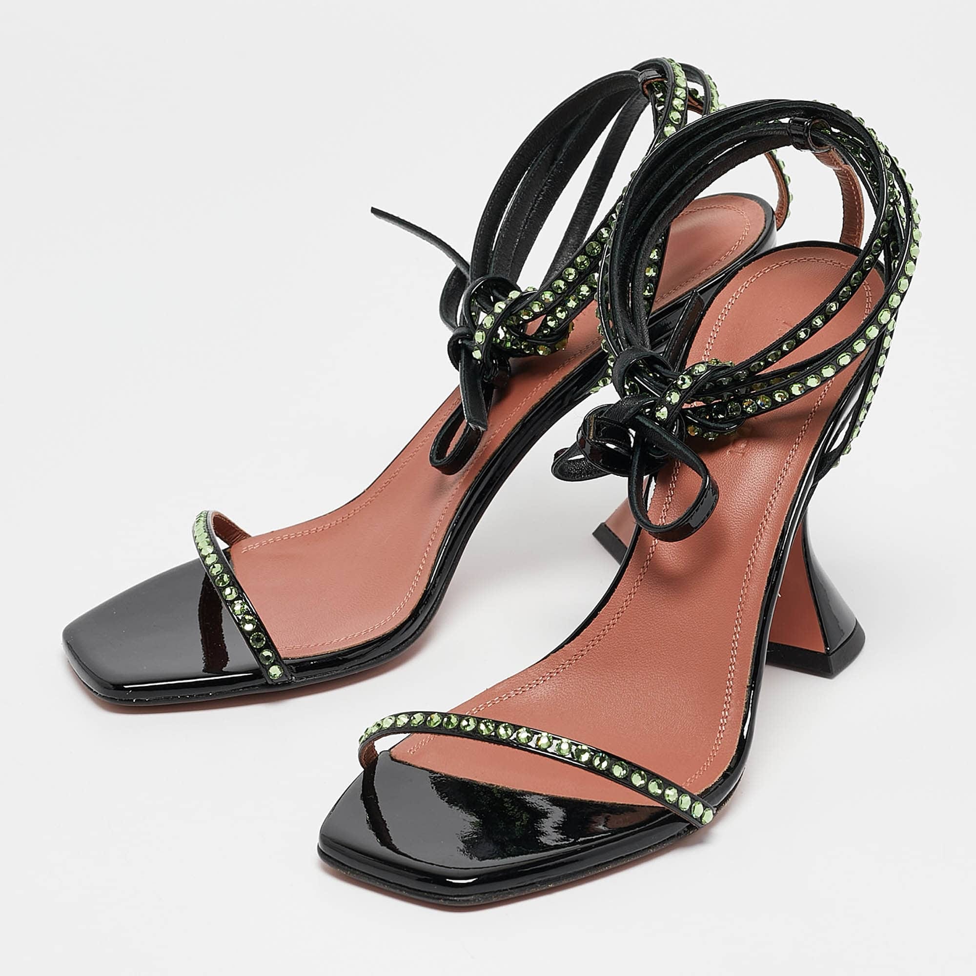 Amina Muaddi Black Patent Leather Crystal Embellished Vita Sandals