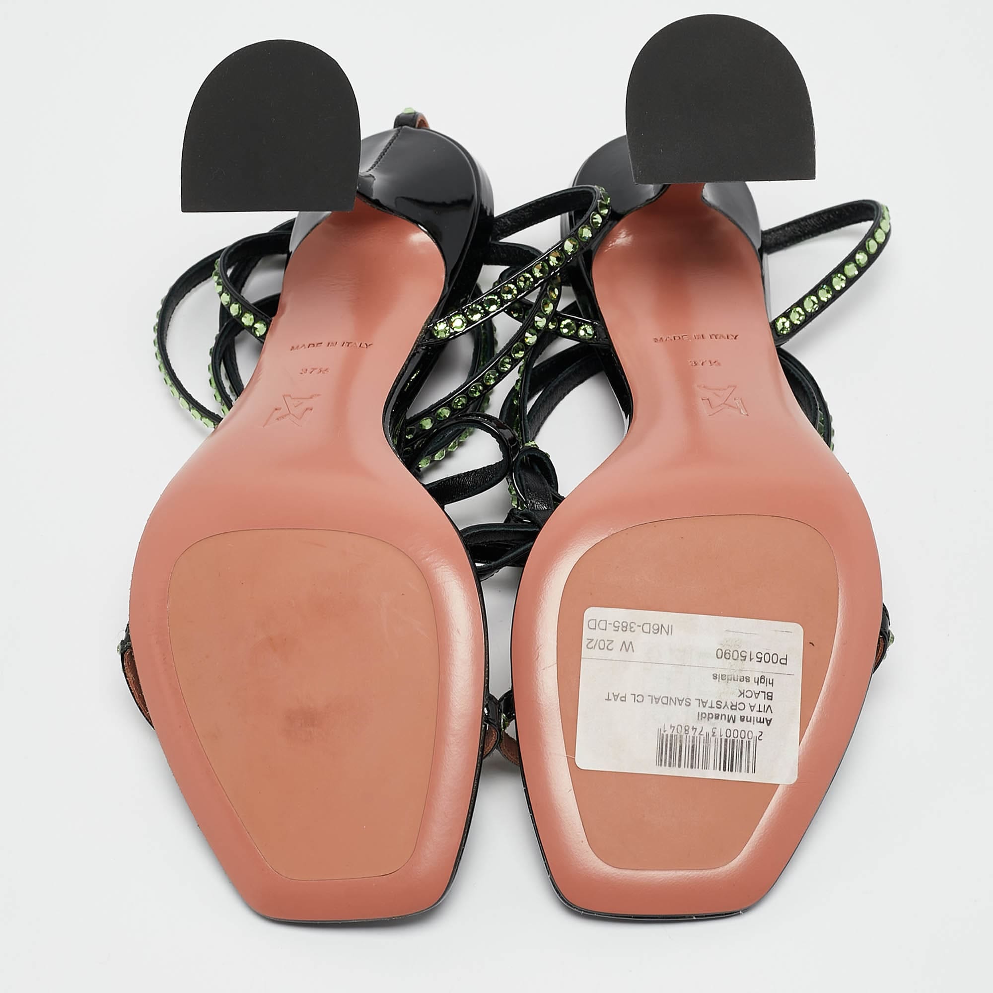 Amina Muaddi Black Patent Leather Crystal Embellished Vita Sandals