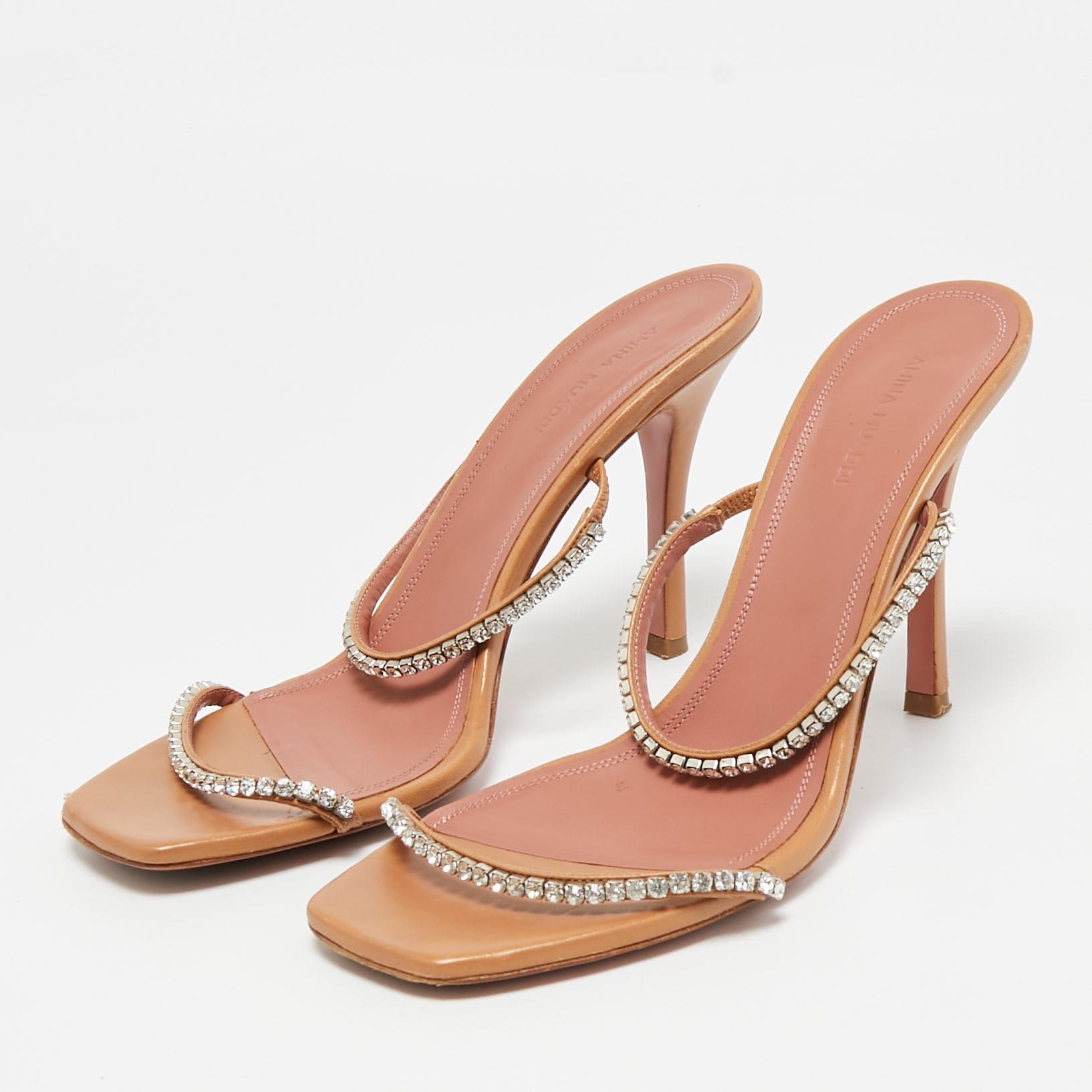 Amina Muaddi Brown Leather Gilda Slide Sandals