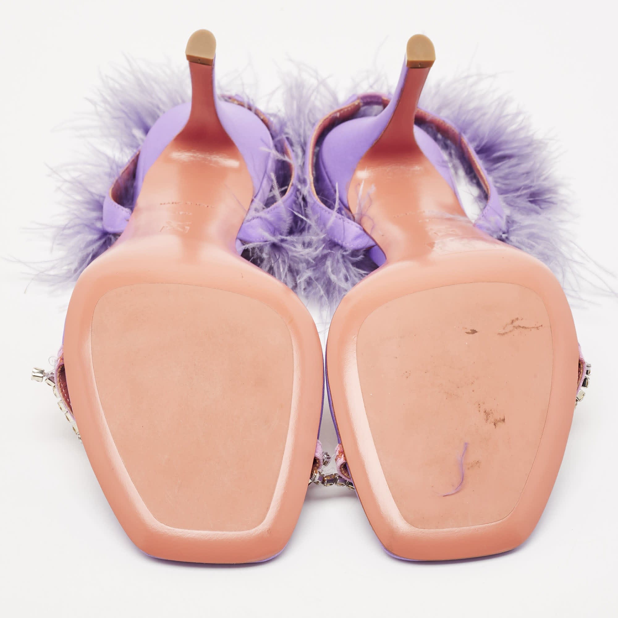 Amina Muaddi Purple Satin Crystal Embellished And Feather Adwoa Slingback Sandals