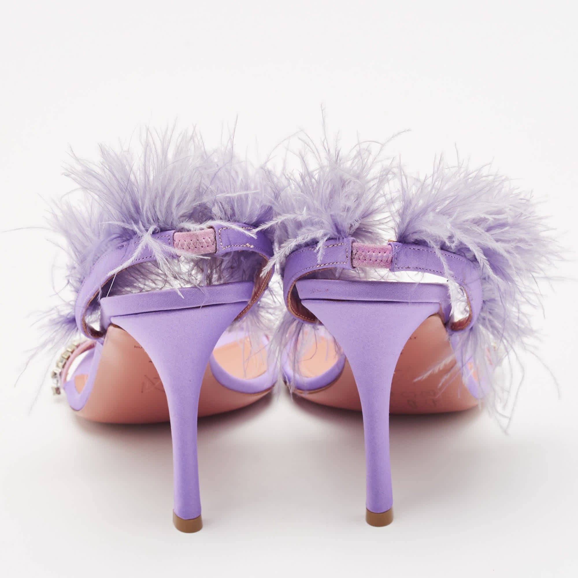 Amina Muaddi Purple Satin Crystal Embellished And Feather Adwoa Slingback Sandals