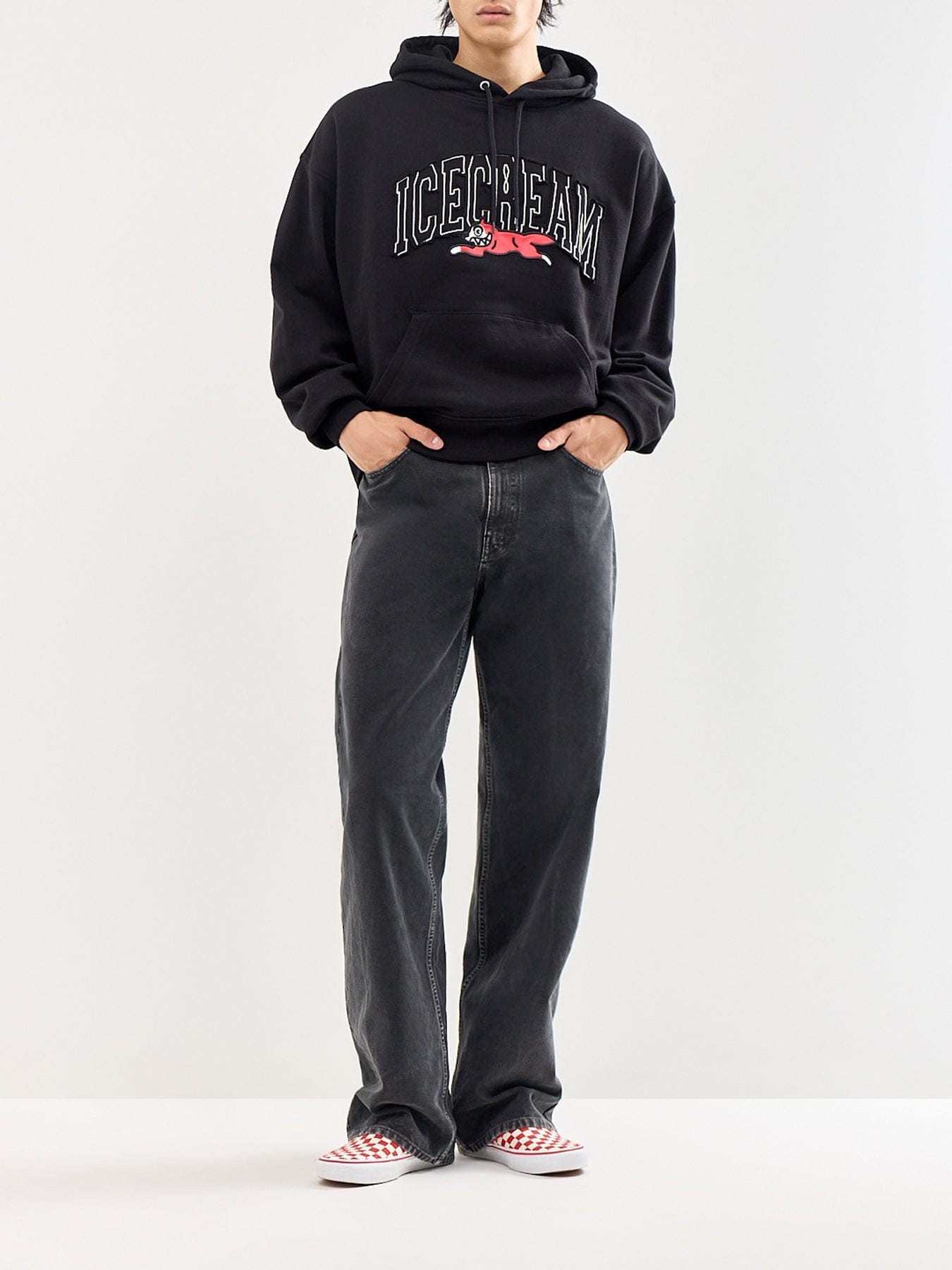 Icecream College Applique Running Dog Popover Hoodie Black