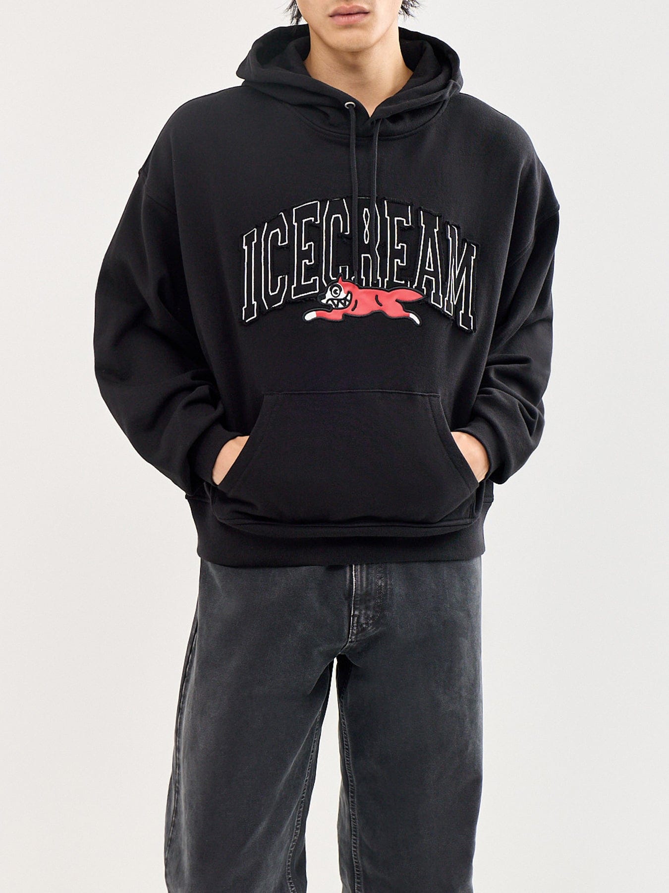 Icecream College Applique Running Dog Popover Hoodie Black