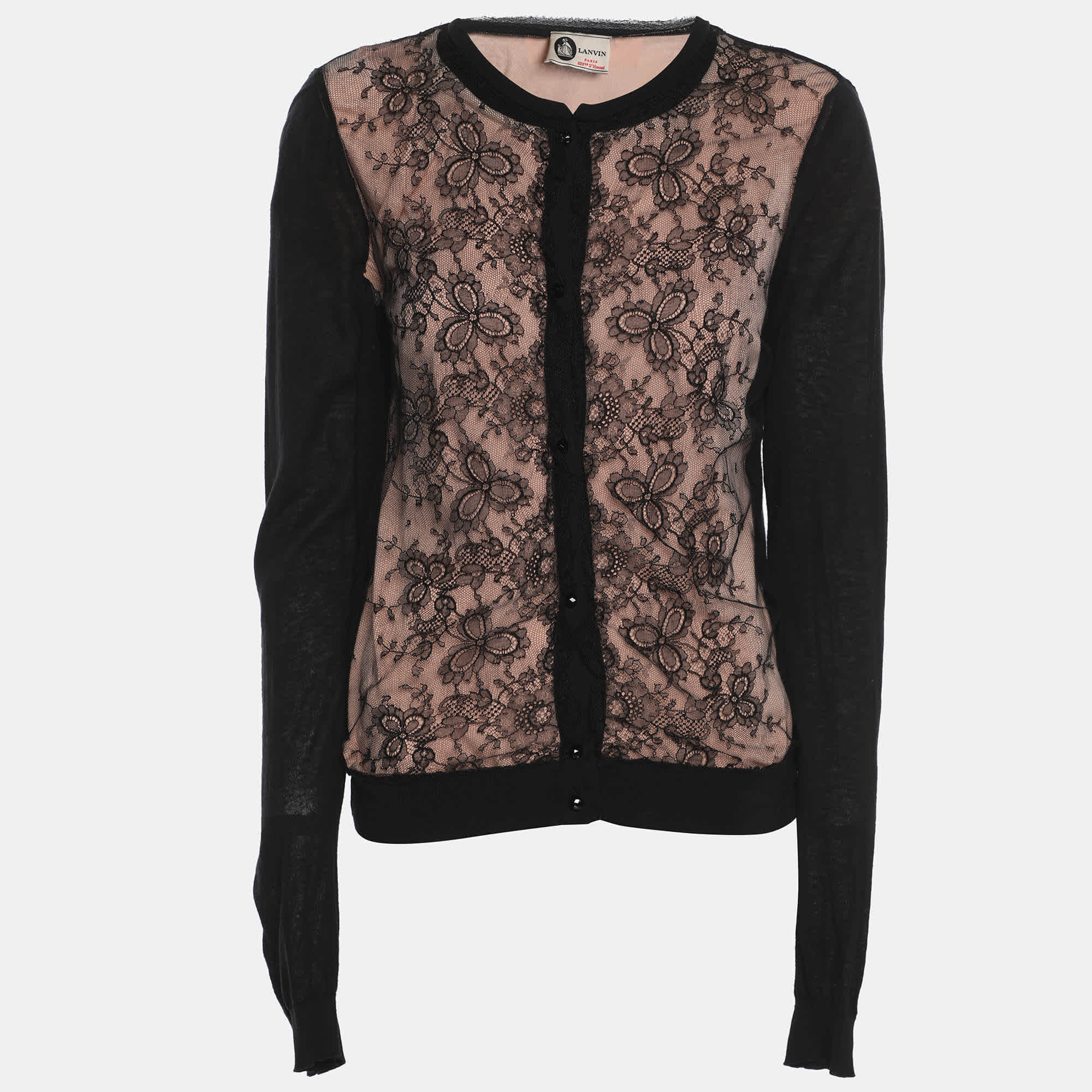Lanvin Black/peach Jersey And Lace Tops And Cardigan Set