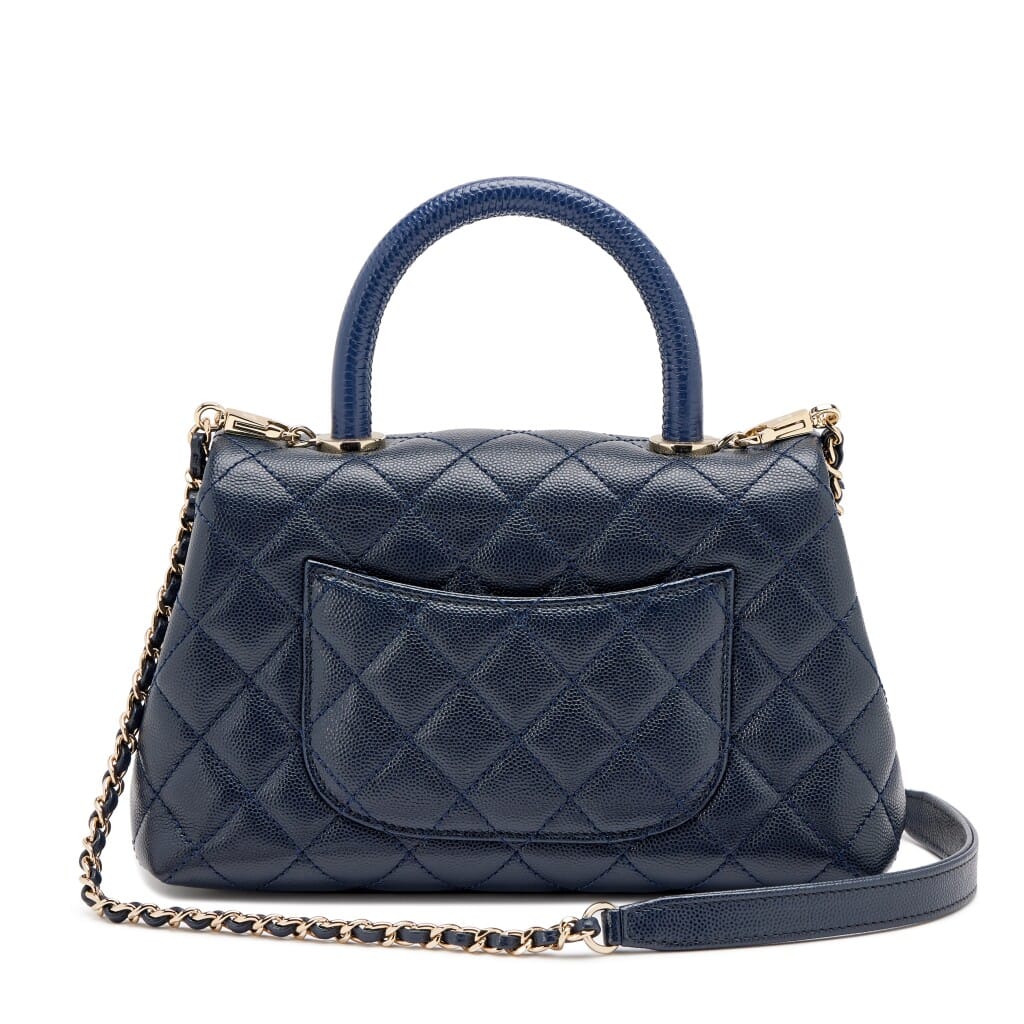 Navy Blue Quilted Caviar Lizard Embossed Mini Coco Top Handle Flap Bag Gold Hardware, 2021