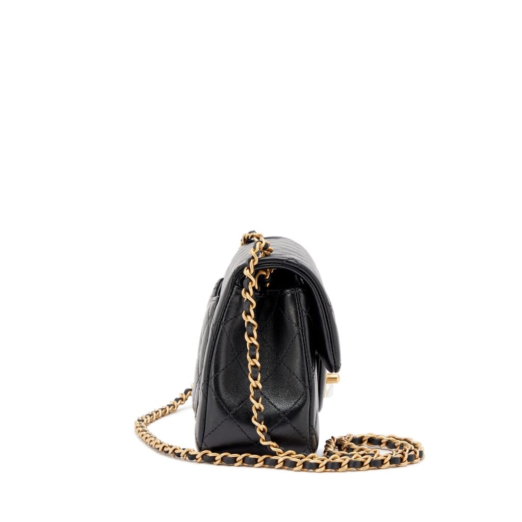 Black Quilted Lambskin Pearl Crush Mini Rectangular Flap Bag Aged Gold Hardware, 2026