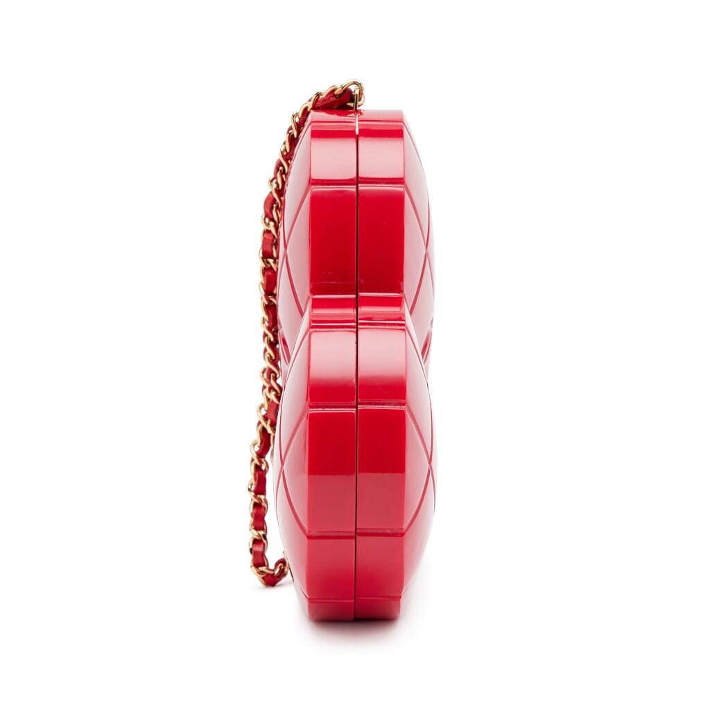 Vintage Red Lucite Chocolate Bar Heart Clutch Minaudière Gold Hardware, 2002