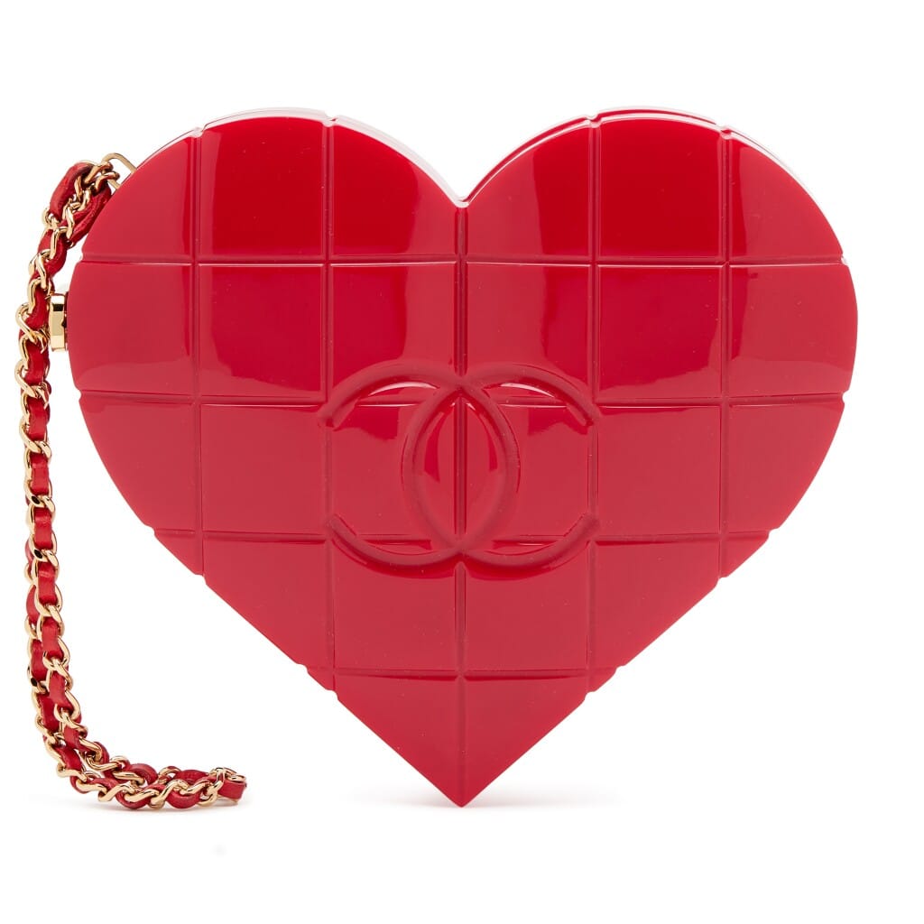 Vintage Red Lucite Chocolate Bar Heart Clutch Minaudière Gold Hardware, 2002