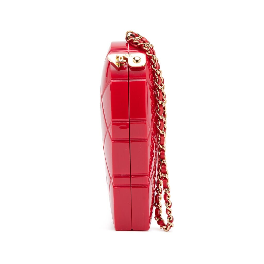 Vintage Red Lucite Chocolate Bar Heart Clutch Minaudière Gold Hardware, 2002