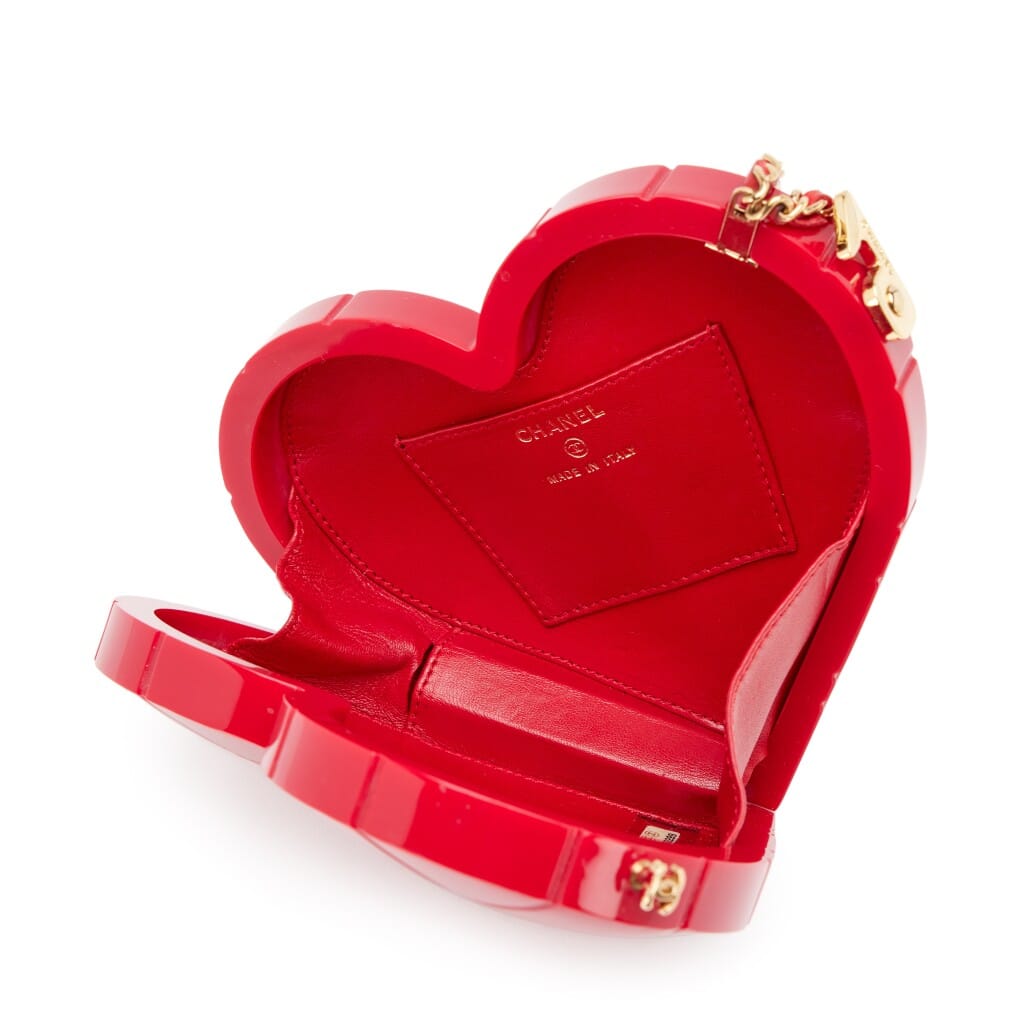 Vintage Red Lucite Chocolate Bar Heart Clutch Minaudière Gold Hardware, 2002