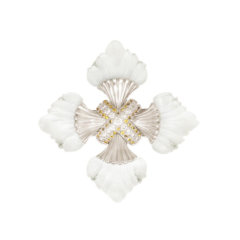 Vintage White Gold, Rock Crystal, Yellow Sapphire and Diamond Maltese Cross Brooch