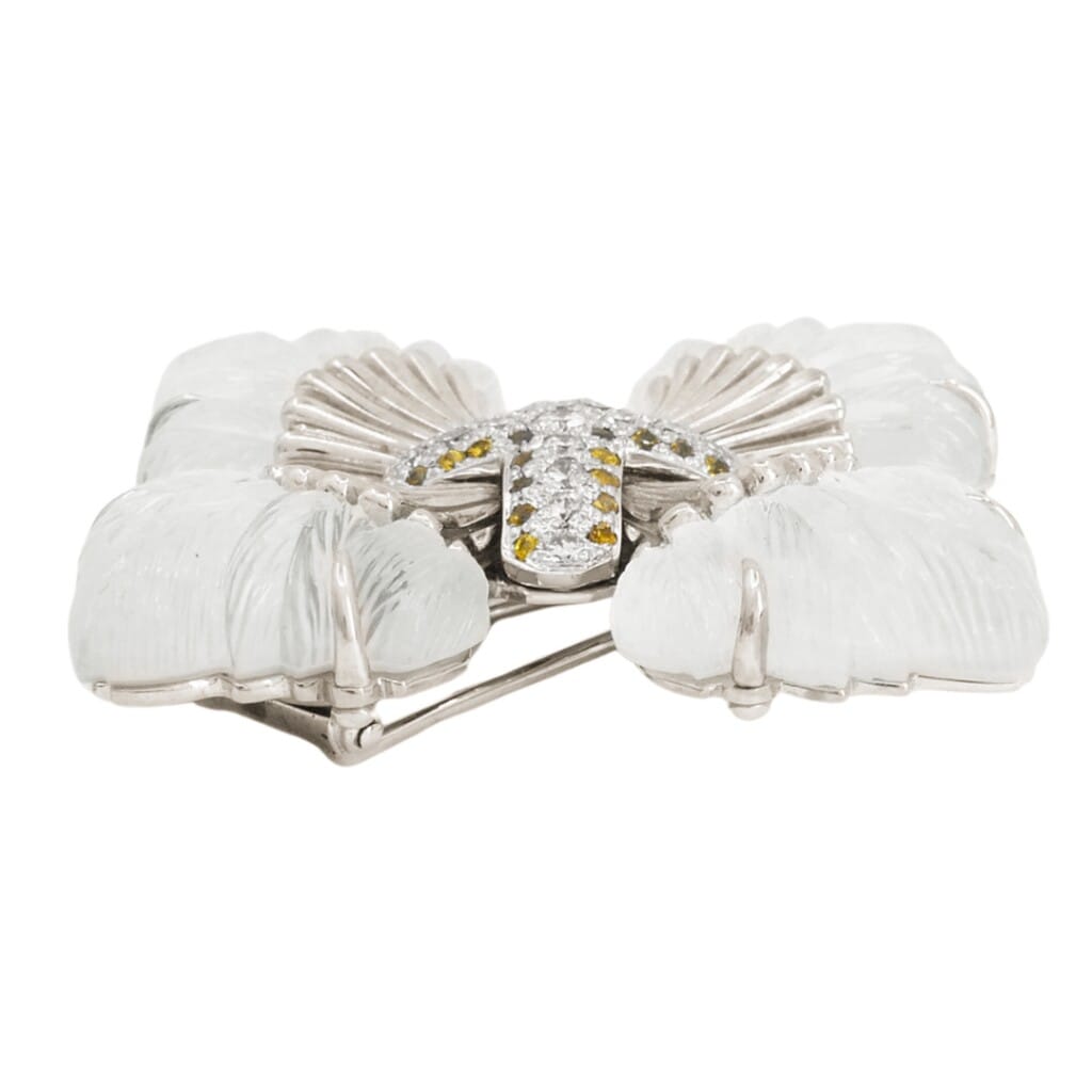 Vintage White Gold, Rock Crystal, Yellow Sapphire and Diamond Maltese Cross Brooch