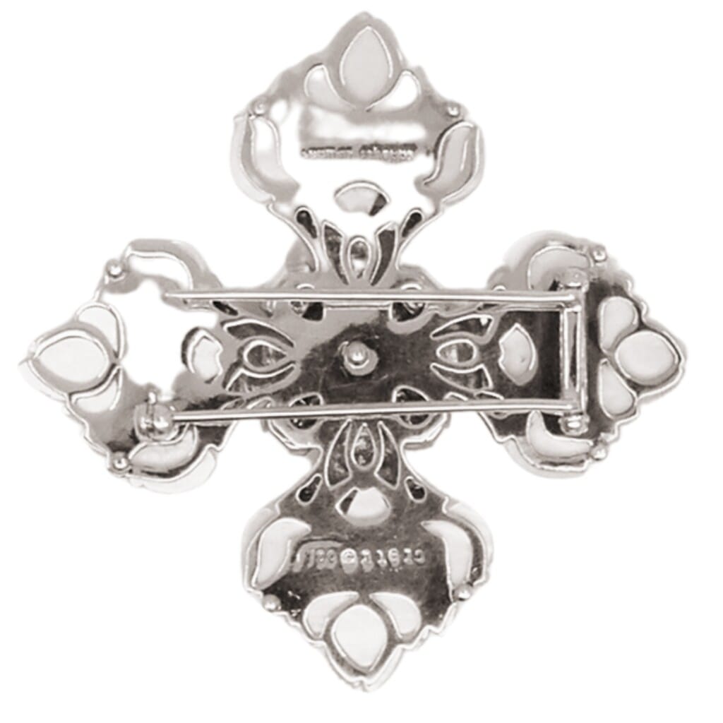 Vintage White Gold, Rock Crystal, Yellow Sapphire and Diamond Maltese Cross Brooch