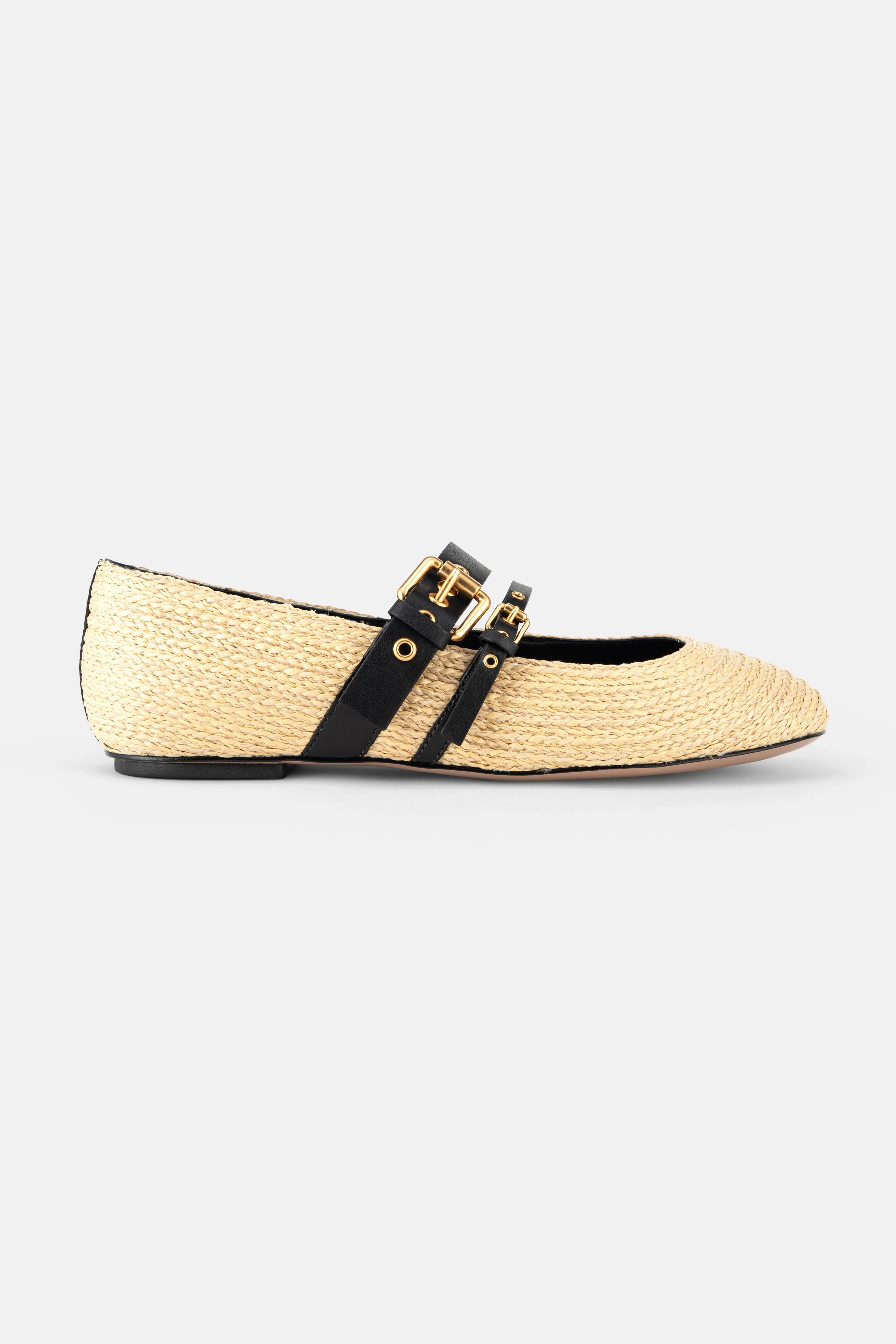 FARM RIO Raffia Gold Buckle Ballerina Flats in Black